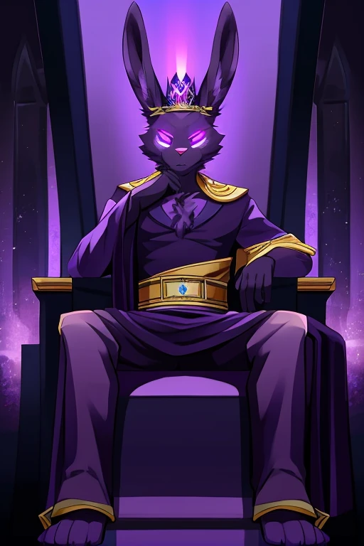 solo, male, rabbit, dark purple colored fur, anthropomorphic rabbit, purple glowing eyes, wearing purple basic crown, Emperor outfit, sitting on throne in a position proving his immense power