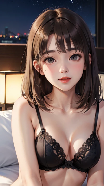 Blushing lightly and smiling, (Top quality masterpiece:1.2) Delicate illustrations, Very detailed, /Beautiful Japanese Woman、1 person,Very cute and slim、Excellent style 、((8K images、super high quality))、Very delicate face, Beautiful forehead、Beautiful thighs、Beautiful feet、Deep red lipstick,(((((Middle Hair、Light brown hair、Blonde hair))))),very cute、Kind eyes,(Black Lingerie)、starry skies、Tokyo night view、Hotel、Date