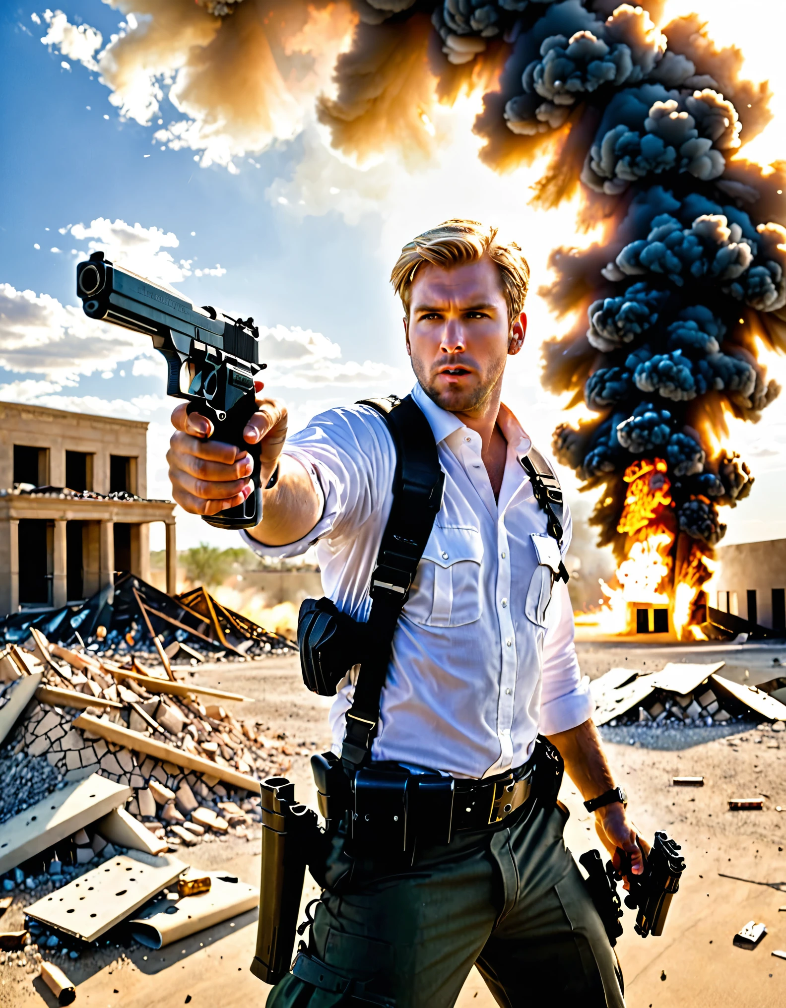  1man, late-twenties male, (shooter, smoking gun, muzzle flash), empty desert, (blonde hair, medium hair, combed back hair), hazel eyes, building, burning, cloud, cloudy sky, day, debris, depth of field, destruction, explosion, fire, sky, (drop-down pistol holster, handgun, pistol, holstered pistol), (helicopter, helicopter hovering above), male focus, military, motion blur, outdoors, rubble, sunset, uniform, white shirt 