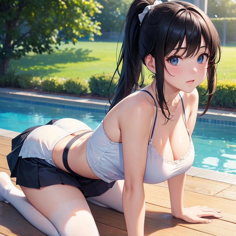 (best quality,4k,8k,highres,masterpiece:1.2),ultra-detailed,(realistic,photorealistic,photo-realistic:1.37),ponytail,black hair,high school girl,mini skirt,poolside, all fours,sunlight,bright colored clothes,slightly exposed necklin, White camisole、Blue lightly clench one hand、He holds out his slightly clenched hand towards me、Facing forward、Place a cushion under your body