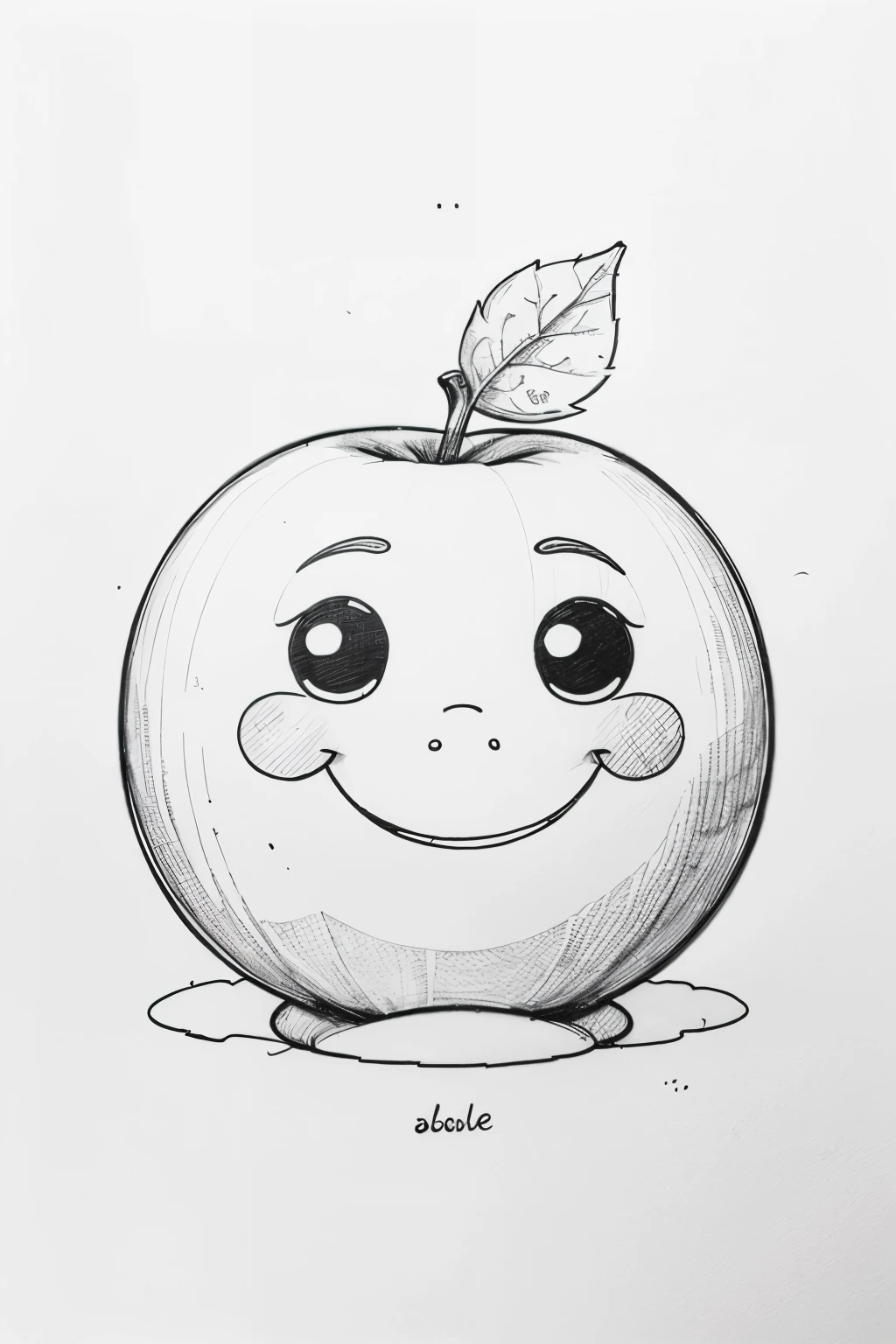 Create a friendly and chubby (apple) character with smile face, outline art, coloring page, outline page with white, white background, Sketch style, full body, only use outline, cartoon style, clean and clear and well outlined, in the middle of the garding big round eyes, and a simple leaf on top. Ensure the apple has a smooth and inviting appearance, and keep the design minimalistic for easy coloring. The goals is to make it appealing and approachable for children aged 2-5 In the middle of their artistic journey. Make it black and white color. 
