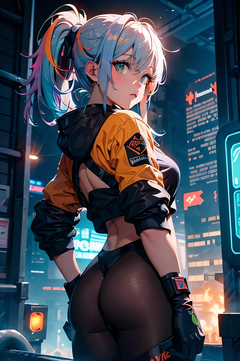 Highest image quality, outstanding details, ultra-high resolution, the best illustration, favor details, highly condensed, in welding action, hyper sexy worker girl, beautiful rainbow Green eyes, the girl is welding ,1girl with long rainbowcolors brown hairs with ponytail , multicolors hairs, the girl is wearing a welding mask, cyberpunk, the girl is dressed in a blue worker combine and wearing big orange welding gloves, the background is a high-teck industry, many graffitis fluorescent on the walls , full view of woman, plan large, many fluo lights, black neon tubelights, HD, high quality, beautiful lightening, upscale HD image, very detailed, full details,