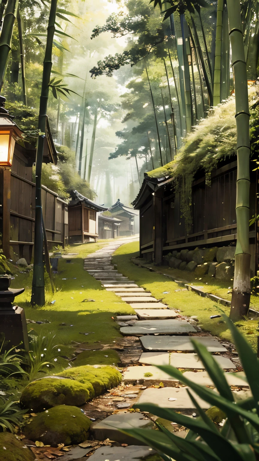 Mossy cobblestone road in Kyoto, Absurd,High resolution,Super detailed,night,bamboo forest,Fallen leaves,Tsing Yi,Stone lantern