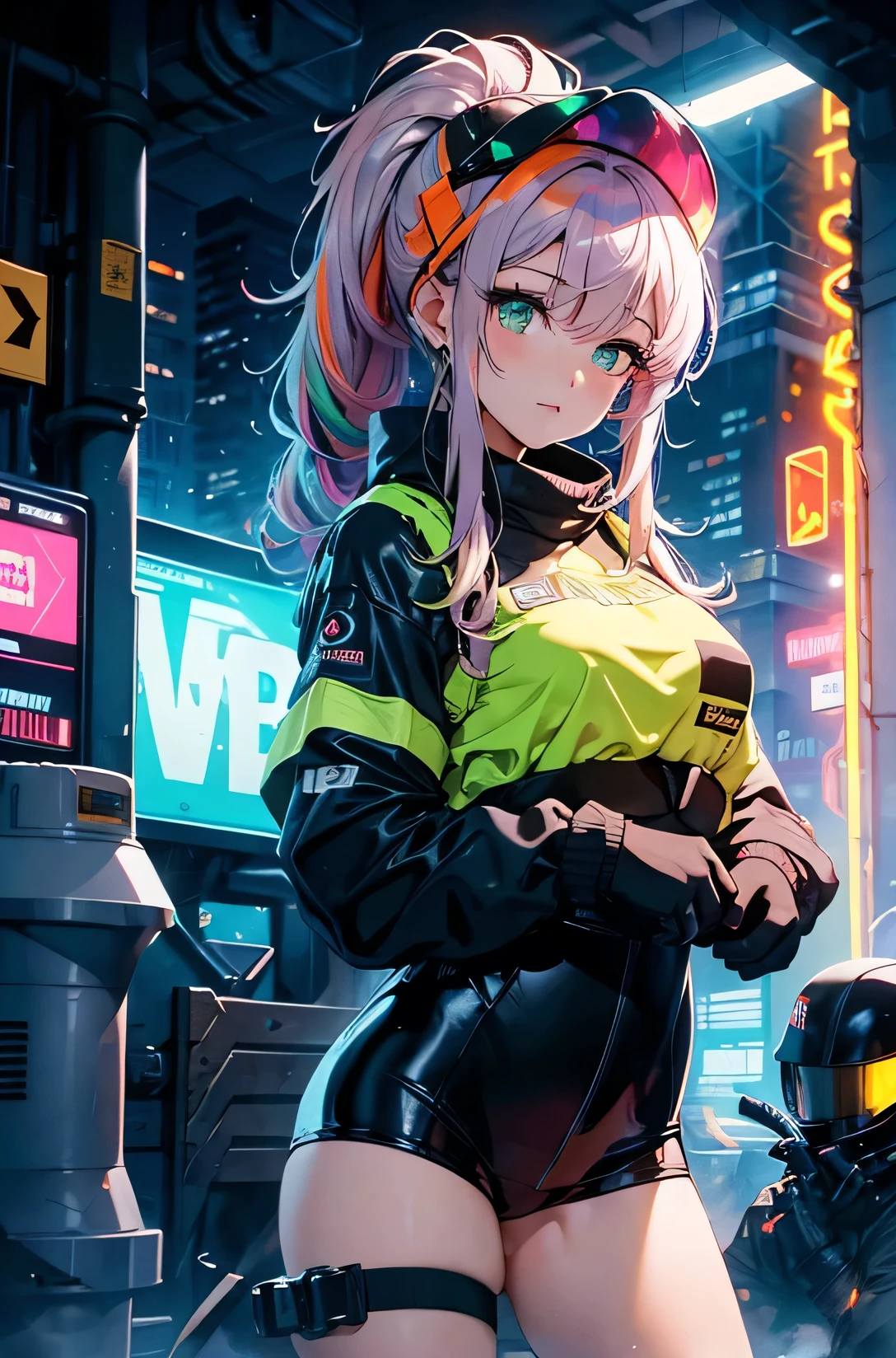 Highest image quality, outstanding details, ultra-high resolution, the best illustration, favor details, highly condensed, in welding action, hyper sexy worker girl, beautiful rainbow Green eyes, the girl is welding  ,1girl with long rainbowcolors brown hairs with ponytail , multicolors hairs, the girl is wearing a welding mask, cyberpunk, the girl is dressed in a blue worker combine and wearing big orange welding gloves, the background is a high-teck industry, many graffitis fluorescent on the walls , full view of woman, plan large, many fluo lights, black neon tubelights, HD, high quality, beautiful lightening, upscale HD image, very detailed, full details, 