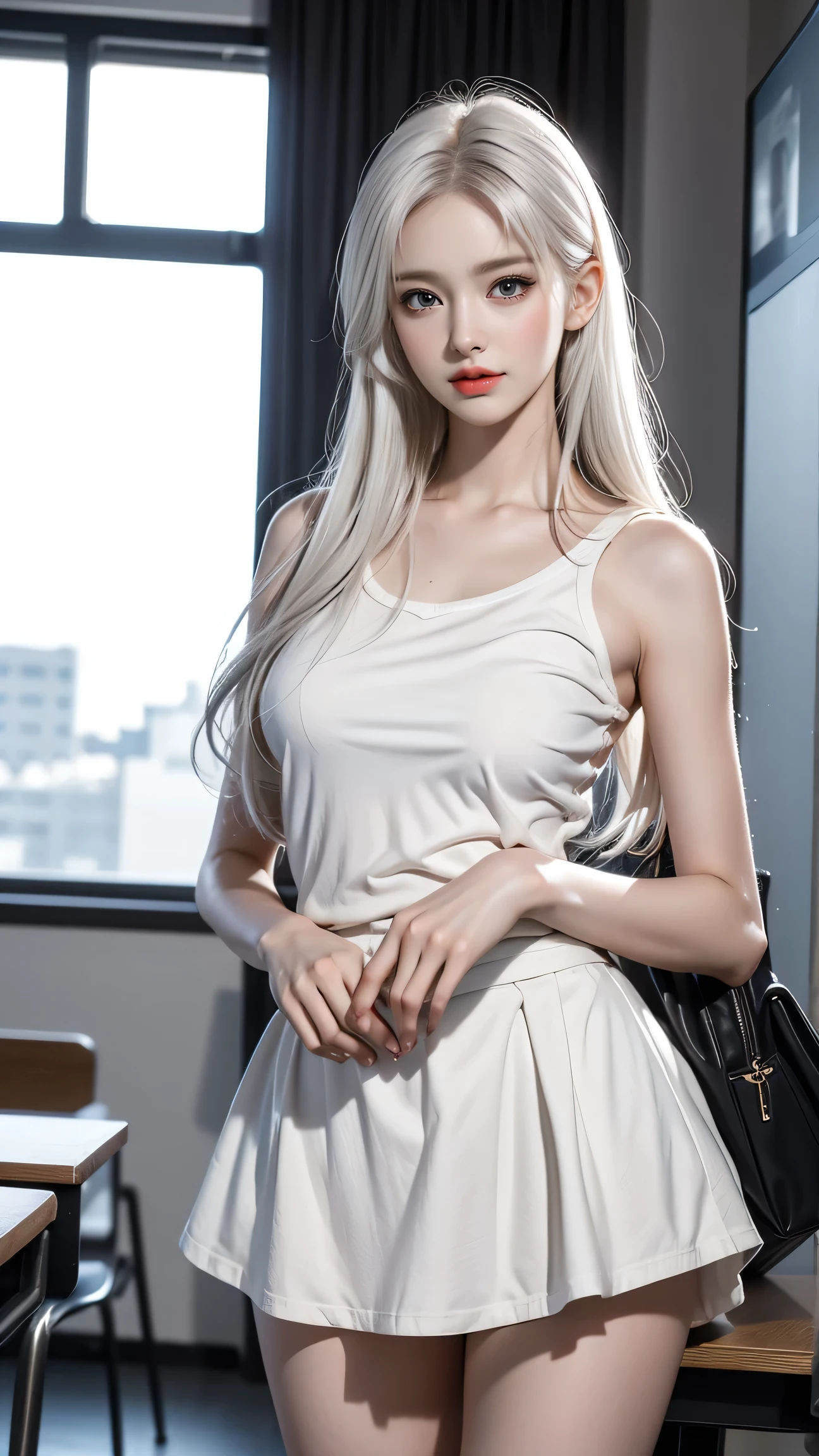 Best quality work,Actual work,Ultra Premium Graphics,8K HD CG Works,High quality graphics,High-definition CG works,10x pixels,Extremely fine detail:1.1,Advanced Technical Details:1.1 Photorealistic,Indoor lighting effects:1.5,Natural light:1.5. Light effects(virtual Light effects:1.8),(short golden-white hair)、(Bob Hair),Clear Eyes,Beautiful double eyelids,Sharp eye makeup, Delicate eyelash makeup, Thin eyebrows, Highly detailed eyes,High nose, Nice red lips, Rose Cheeks, A face with subtle makeup , Cute face, perfectly balanced face,(Advanced Face Detail:1.1),((Girl Standing On Office Floor))、Best quality work,Actual work,Ultra Premium Graphics,8K HD CG Works,High quality graphics,High-definition CG works,10x pixels,Extremely fine detail:1.1,Advanced Technical Details:1.1 Photorealistic,Indoor lighting effects:1.5,Natural light:1.5. Light effects(virtual Light effects:1.8)、 Thin eyebrows,High nose, Nice red lips, Rose Cheeks, A face with subtle makeup , Cute face, perfectly balanced face,(girl in school uniform),A light-toned foundation enhances the clarity of your skin.、)、(Off-the-shoulder white floral print one-piece miniskirt) 40k, photograph, White skin, highest quality, Tabletop, Ultra-high resolution, (Realistic:1.4), RAWphotograph, (Perfect figure), (slim:1.3), Slim abdomen, Perfect slim figure, Dynamic Pose, alone, Cold light 12000K, Highly detailed facial and skin texture, Fine grain, Realistic eyes, Beautiful fine grain, (Realistic Skin), Charm, 超A high resolution, Surreal,(Tuck up the hem of your skirt)(Lift-up skirt)(White panties are visible)、
