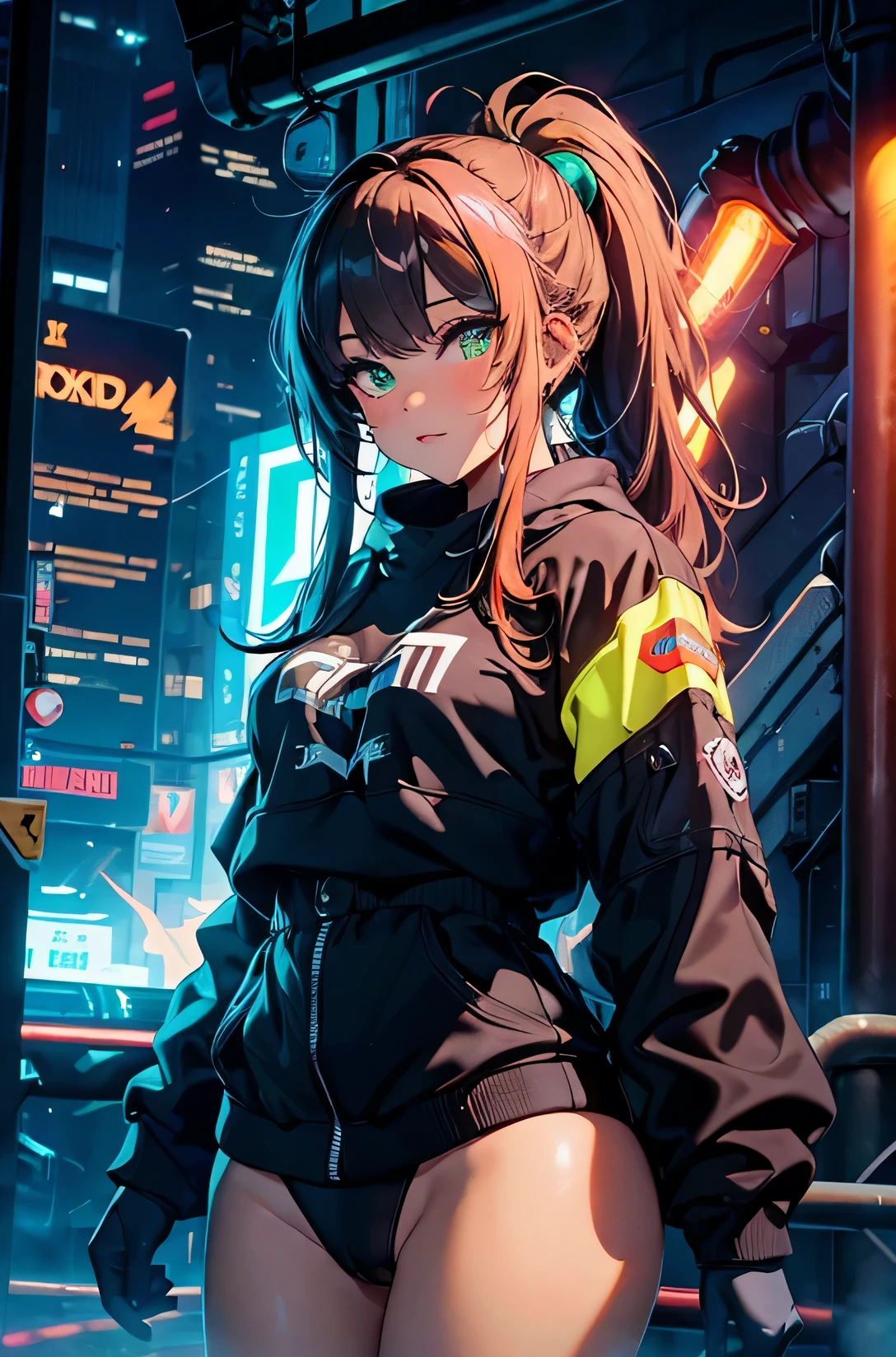 Highest image quality, outstanding details, ultra-high resolution, the best illustration, favor details, highly condensed, in welding action, hyper sexy worker girl, beautiful rainbow Green eyes, the girl is welding ,1girl with long rainbowcolors brown hairs with ponytail , multicolors hairs, the girl is wearing a welding mask, cyberpunk, the girl is dressed in a blue worker combine and wearing big orange welding gloves, the background is a high-teck industry, many graffitis fluorescent on the walls , full view of woman, plan large, many fluo lights, black neon tubelights, HD, high quality, beautiful lightening, upscale HD image, very detailed, full details,