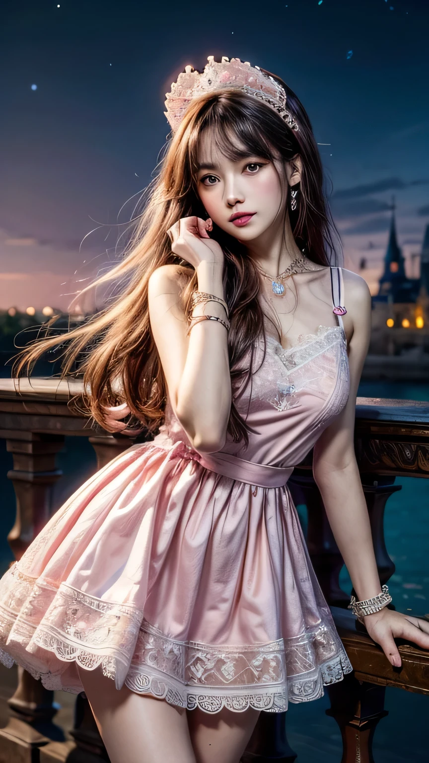 8K, ultra HD, masterpiece, realistic, 1 girl, good face, smoggy makeup, very long hair, princess hairstyle, detailed eyes, detailed lips, medium figure, very detailed dress, (PINK dress:1.5), (porcelain white skin complexion 1.5)(strap:1.5), (lace:1.5), (net stocking:1), (jewelry:1.8), (disney castle), night sky, water, bloom lighting, night lighting, darkness, attractive poses,