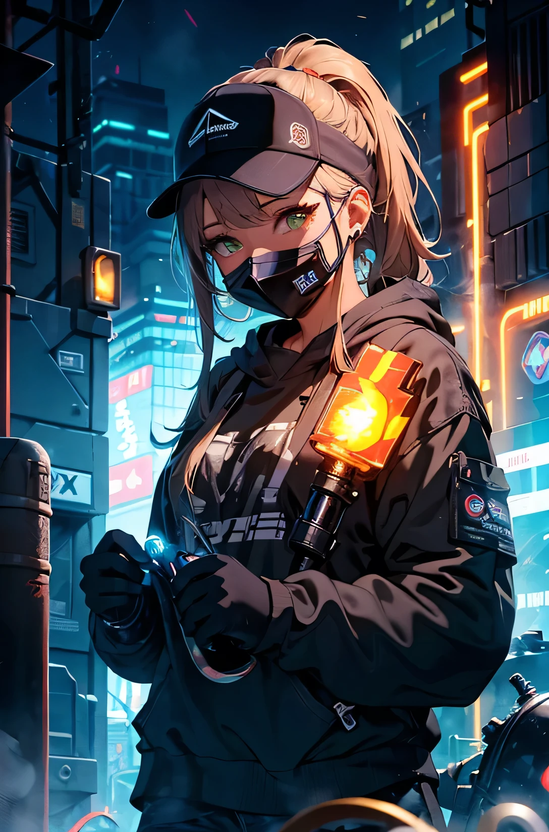 Highest image quality, outstanding details, ultra-high resolution, the best illustration, favor details, highly condensed, in welding action, worker girl, beautiful rainbow Green eyes, the girl is welding with welding torch and a welding post ,1girl with long rainbowcolors brown hairs with ponytail , multicolors hairs, the girl is wearing a welding mask, cyberpunk, the girl is dressed in a blue worker combine and wearing big orange welding gloves, the background is a high-teck industry, many graffitis fluorescent on the walls , full view of woman, plan large, many fluo lights, black neon tubelights, HD, high quality, beautiful lightening, upscale HD image, very detailed, full details, 