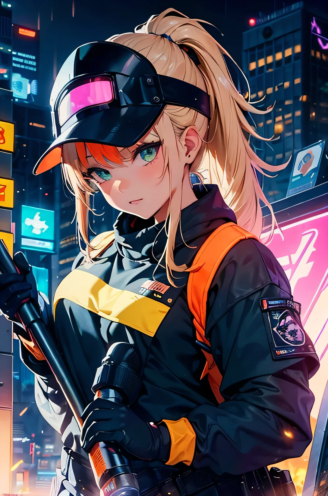 Highest image quality, outstanding details, ultra-high resolution, the best illustration, favor details, highly condensed, in welding action, worker girl, beautiful rainbow Green eyes, the girl is welding with welding torch and a welding post ,1girl with long rainbowcolors brown hairs with ponytail , multicolors hairs, the girl is wearing a welding mask, cyberpunk, the girl is dressed in a blue worker combine and wearing big orange welding gloves, the background is a high-teck industry, many graffitis fluorescent on the walls , full view of woman, plan large, many fluo lights, black neon tubelights, HD, high quality, beautiful lightening, upscale HD image, very detailed, full details, 
