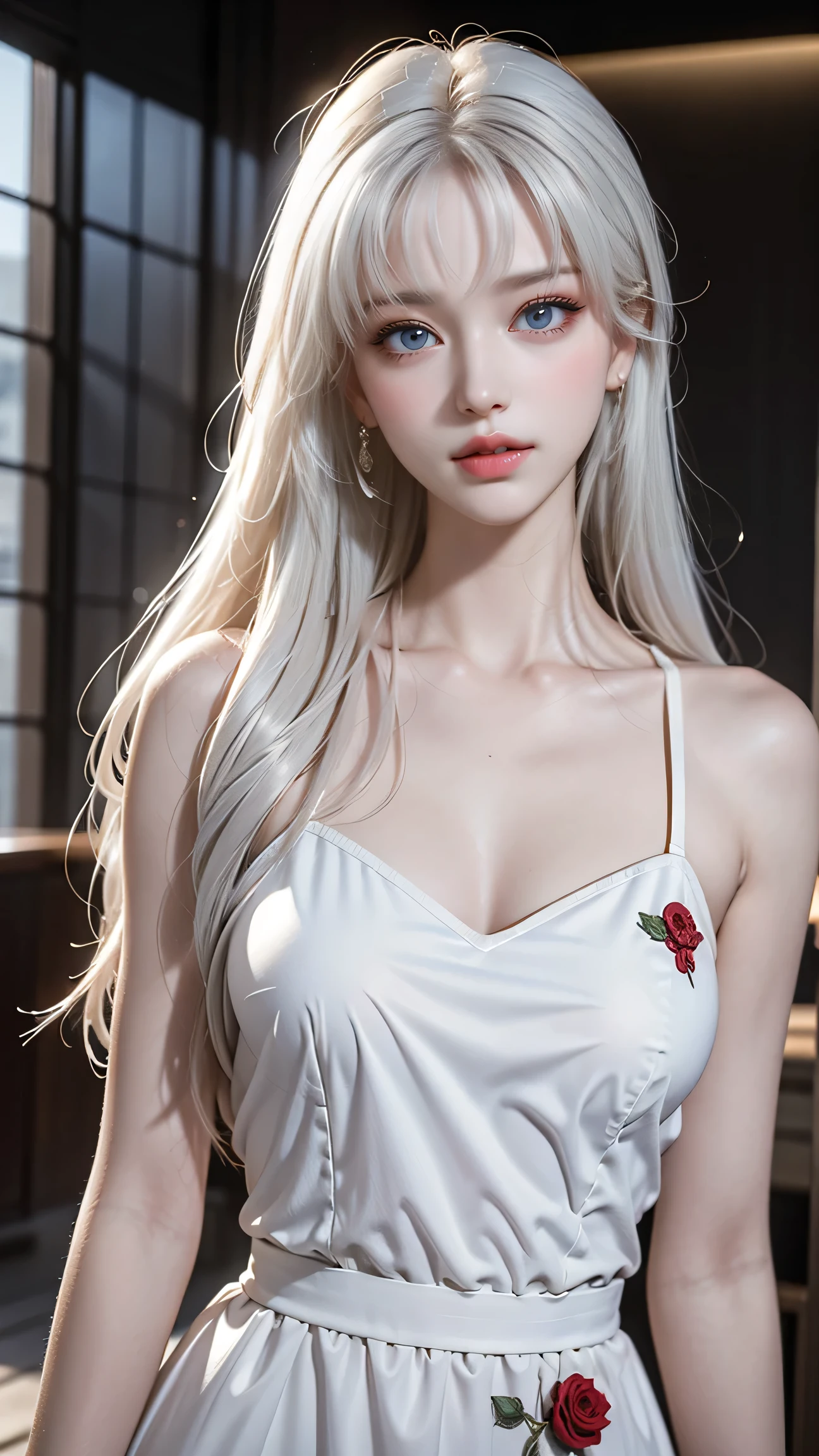 Best quality work，Actual work，Ultra Premium Graphics，8K HD CG Works，High quality graphics，High-definition CG works，10x pixels，Extremely fine detail：1.1，Advanced Technical Details：1.1 Photorealistic，Indoor lighting effects：1.5，Natural light：1.5. Light effects（virtual Light effects：1.8），(short golden-white hair)、(Bob Hair)，Clear Eyes，Beautiful double eyelids，Sharp eye makeup, Delicate eyelash makeup, Thin eyebrows, Highly detailed eyes，High nose, Nice red lips, Rose Cheeks, A face with subtle makeup , Cute face, perfectly balanced face,（Advanced Face Detail：1.1），（(Girl Standing On Office Floor))、Best quality work，Actual work，Ultra Premium Graphics，8K HD CG Works，High quality graphics，High-definition CG works，10x pixels，Extremely fine detail：1.1，Advanced Technical Details：1.1 Photorealistic，Indoor lighting effects：1.5，Natural light：1.5. Light effects（virtual Light effects：1.8）、 Thin eyebrows，High nose, Nice red lips, Rose Cheeks, A face with subtle makeup , Cute face, perfectly balanced face，(girl in school uniform），A light-toned foundation enhances the clarity of your skin.、)、(Floral dress on white background) 40k, photograph,  White skin, highest quality, Tabletop, Ultra-high resolution, (Realistic:1.4), RAWphotograph, (Perfect figure), (slim:1.3), Slim abdomen, Perfect slim figure, Dynamic Pose, alone, Cold light 12000K, Highly detailed facial and skin texture, Fine grain, Realistic eyes, Beautiful fine grain, (Realistic Skin), Charm, 超A high resolution, Surreal,