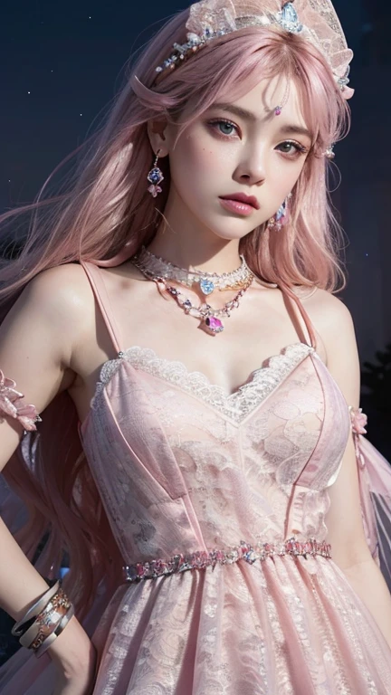 8K, ultra HD, masterpiece, realistic, 1 girl, good face, smoggy makeup, very long hair, princess hairstyle, detailed eyes, detailed lips, medium figure, very detailed dress, (PINK dress:1.5), (strap:1.5), (lace:1.5), (net stocking:1), (jewelry:1.8), (disney castle), night sky, water, bloom lighting, night lighting, darkness, attractive poses,