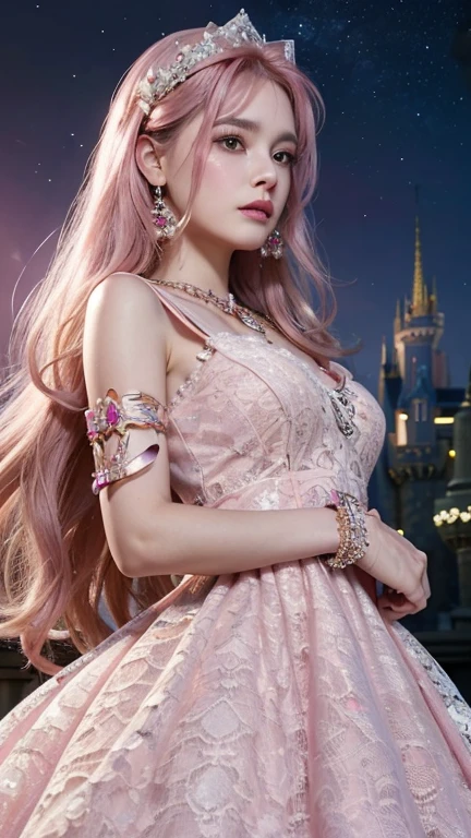 8K, ultra HD, masterpiece, realistic, 1 girl, good face, smoggy makeup, very long hair, princess hairstyle, detailed eyes, detailed lips, medium figure, very detailed dress, (PINK dress:1.5), (strap:1.5), (lace:1.5), (net stocking:1), (jewelry:1.8), (disney castle), night sky, water, bloom lighting, night lighting, darkness, attractive poses,