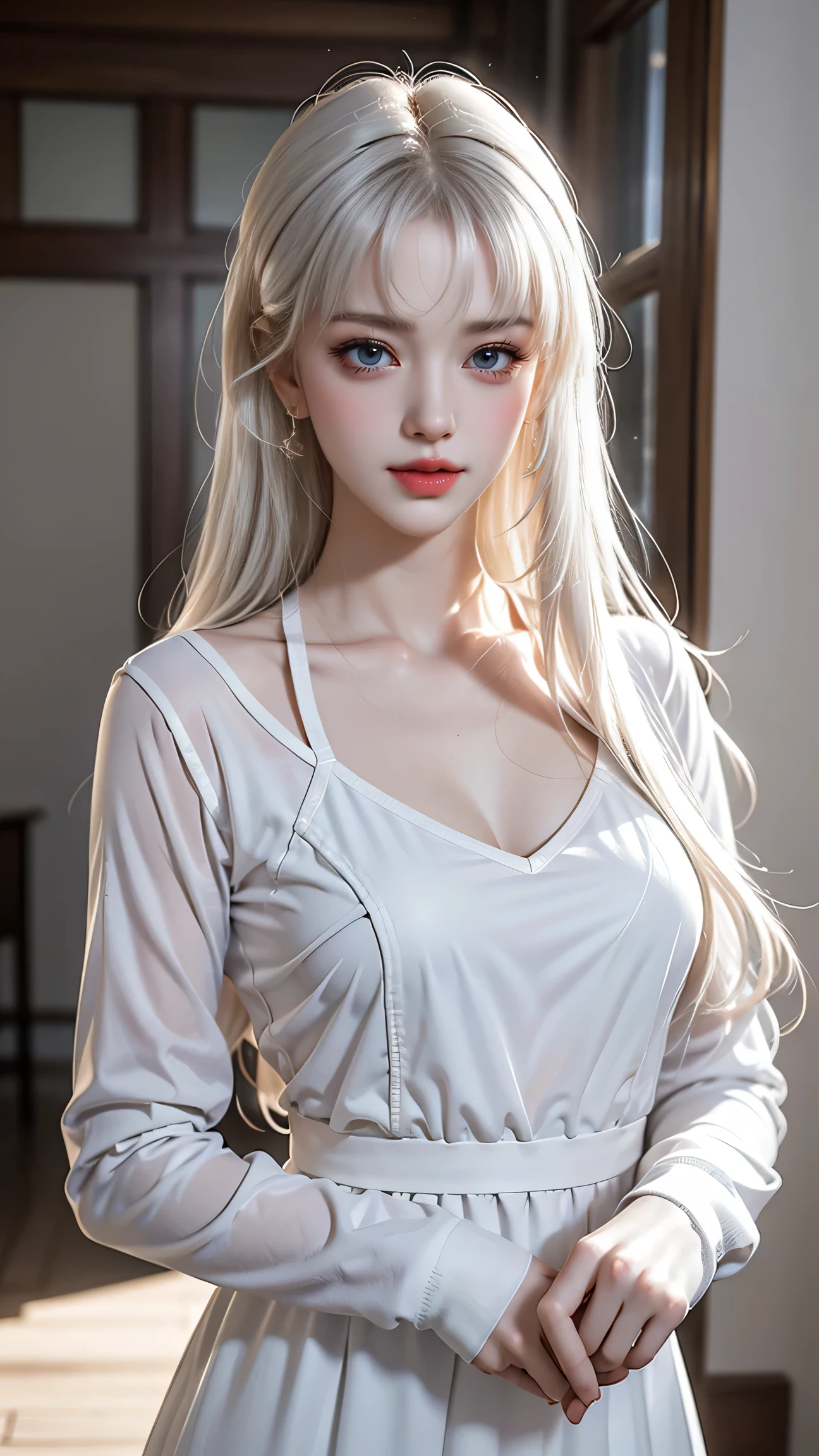 Best quality work,Actual work,Ultra Premium Graphics,8K HD CG Works,High quality graphics,High-definition CG works,10x pixels,Extremely fine detail:1.1,Advanced Technical Details:1.1 Photorealistic,Indoor lighting effects:1.5,Natural light:1.5. Light effects(virtual Light effects:1.8),(short golden-white hair)、(Bob Hair),Clear Eyes,Beautiful double eyelids,Sharp eye makeup, Delicate eyelash makeup, Thin eyebrows, Highly detailed eyes,High nose, Nice red lips, Rose Cheeks, A face with subtle makeup , Cute face, perfectly balanced face,(Advanced Face Detail:1.1),((Girl Standing On Office Floor))、Best quality work,Actual work,Ultra Premium Graphics,8K HD CG Works,High quality graphics,High-definition CG works,10x pixels,Extremely fine detail:1.1,Advanced Technical Details:1.1 Photorealistic,Indoor lighting effects:1.5,Natural light:1.5. Light effects(virtual Light effects:1.8)、 Thin eyebrows,High nose, Nice red lips, Rose Cheeks, A face with subtle makeup , Cute face, perfectly balanced face,(girl in school uniform),A light-toned foundation enhances the clarity of your skin.、)、(Floral dress on white background) 40k, photograph, White skin, highest quality, Tabletop, Ultra-high resolution, (Realistic:1.4), RAWphotograph, (Perfect figure), (slim:1.3), Slim abdomen, Perfect slim figure, Dynamic Pose, alone, Cold light 12000K, Highly detailed facial and skin texture, Fine grain, Realistic eyes, Beautiful fine grain, (Realistic Skin), Charm, 超A high resolution, Surreal,