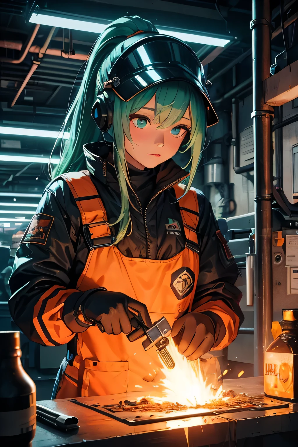 Highest image quality, outstanding details, ultra-high resolution, the best illustration, favor details, highly condensed, in welding action, worker girl, helmet welding, metalwork, beautiful rainbow Green eyes, the girl is welding with welding torches and a welding post ,1girl with long rainbowcolors brown hairs with ponytail , multicolors hairs, the girl is wearing a welding mask, cyberpunk, the girl is dressed in a blue worker combine and wearing big orange welding gloves, the background is a high-teck industry factory, many graffitis fluorescent on the walls , full view of woman, vue plan large, many fluo lights, black neon tubelights, HD, high quality, beautiful lightening, upscale HD image, very detailed, full details, 