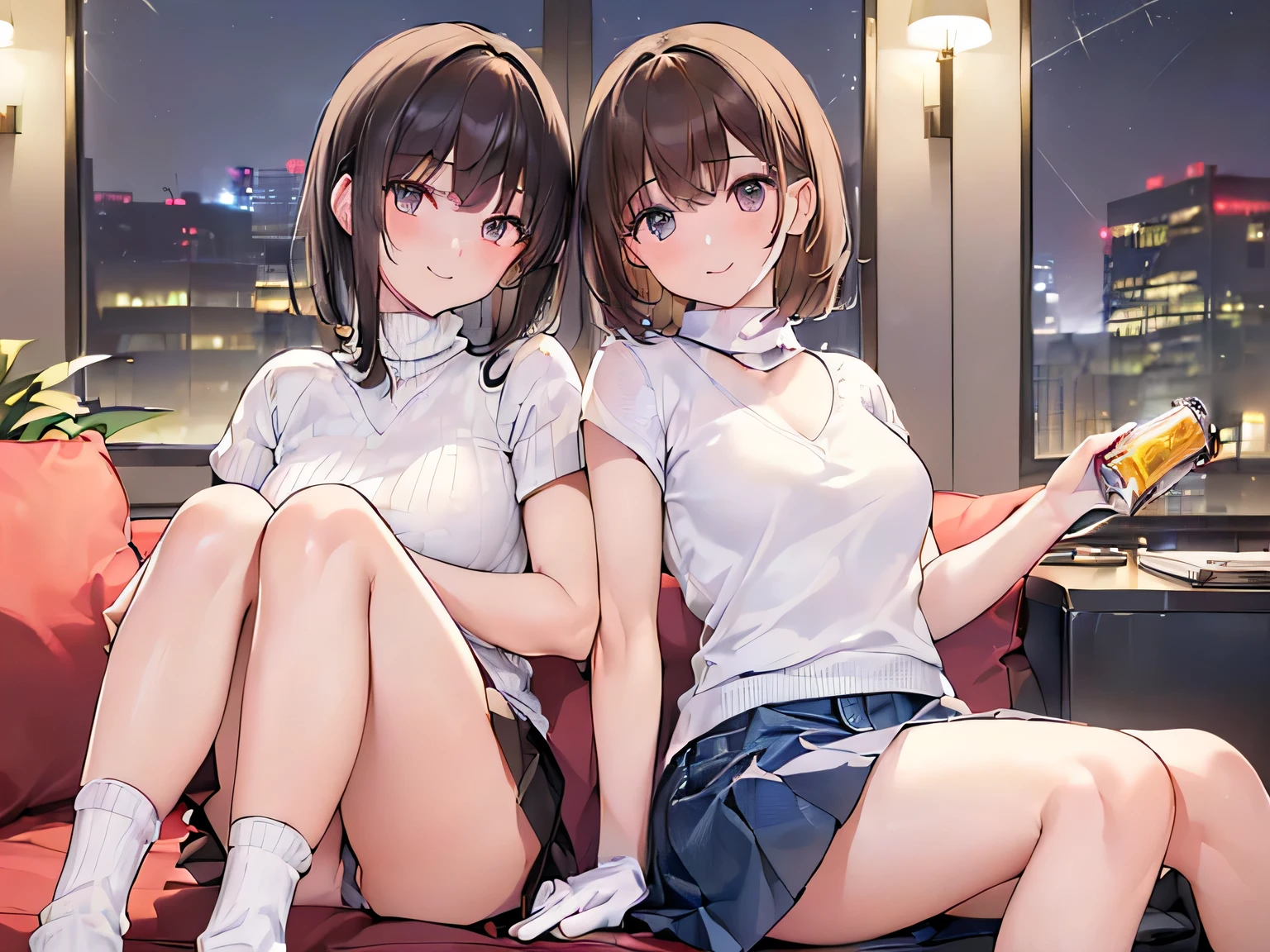 (Masterpiece, top quality, high resolution, realistic photo, realistic looking skin:1.1),
(Two women are drinking canned beer in the living room of an apartment building in the middle of the night:1.5),
(They have smiling faces:1.5),
(The first is wearing a short-sleeved v-neck knit, a denim miniskirt, white socks, short brown hair, and is active:1.5),
(The second wears a short-sleeved turtleneck knit, a pleated miniskirt, white socks, long black hair, and a ladylike look:1.5),
(She has a total of four legs:1.8),
(The time is midnight:1.8),
(Location: apartment living room:1.5),
Full-bodied Esbian, beautiful eyes, glowing eyes, glowing thighs, NSFW