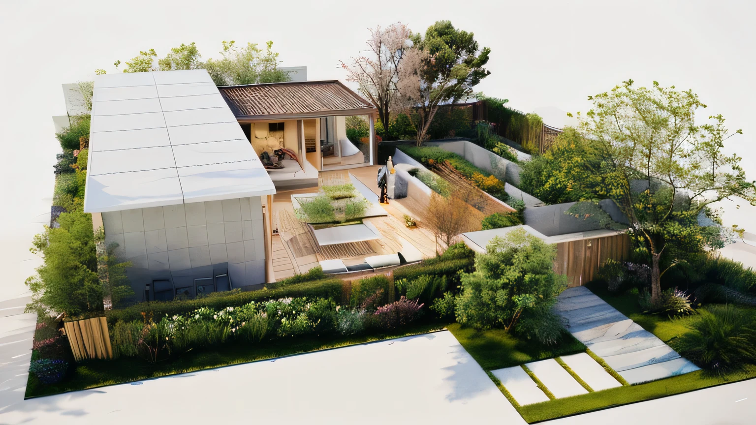 Rendering of a house with a garden and terrace,The wall is made of rammed earth,There is a waterfall in the courtyard、Barbecue Grill、Mahjong table、Tea table,Children's swing,Rendering, Concept House, Strive for perfection, Architectural Visualization, Realistic Garden, 3/4 views real, The concept of reality, Realistic 3D style, Isometric 3d Rendering, Realistic style, Aerial perspective, rendering in enscape, Zoom out, Beautiful and detailed rendering
