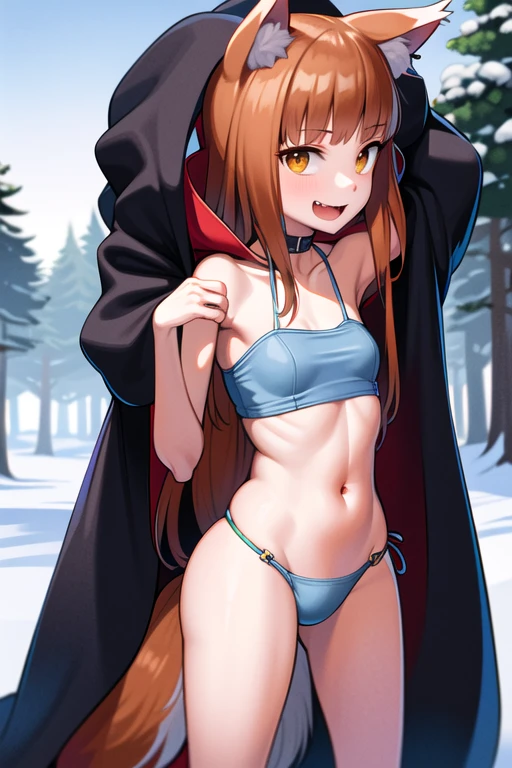 (holo:1.5), (holoCoat:1.5), SFW, 1girl, looking at viewer, standing, upper body, leaning forward, outdoors, forest, snow, (( under boob )), small chested ,(( small thin green cotton underwear)),  open mouth, fang, smile, invisible tank top, top less,  ( ear ring, tight choker, short tail, nervous, smile, shaking motion lines), (wincing), nipple outlines,  small clothes,