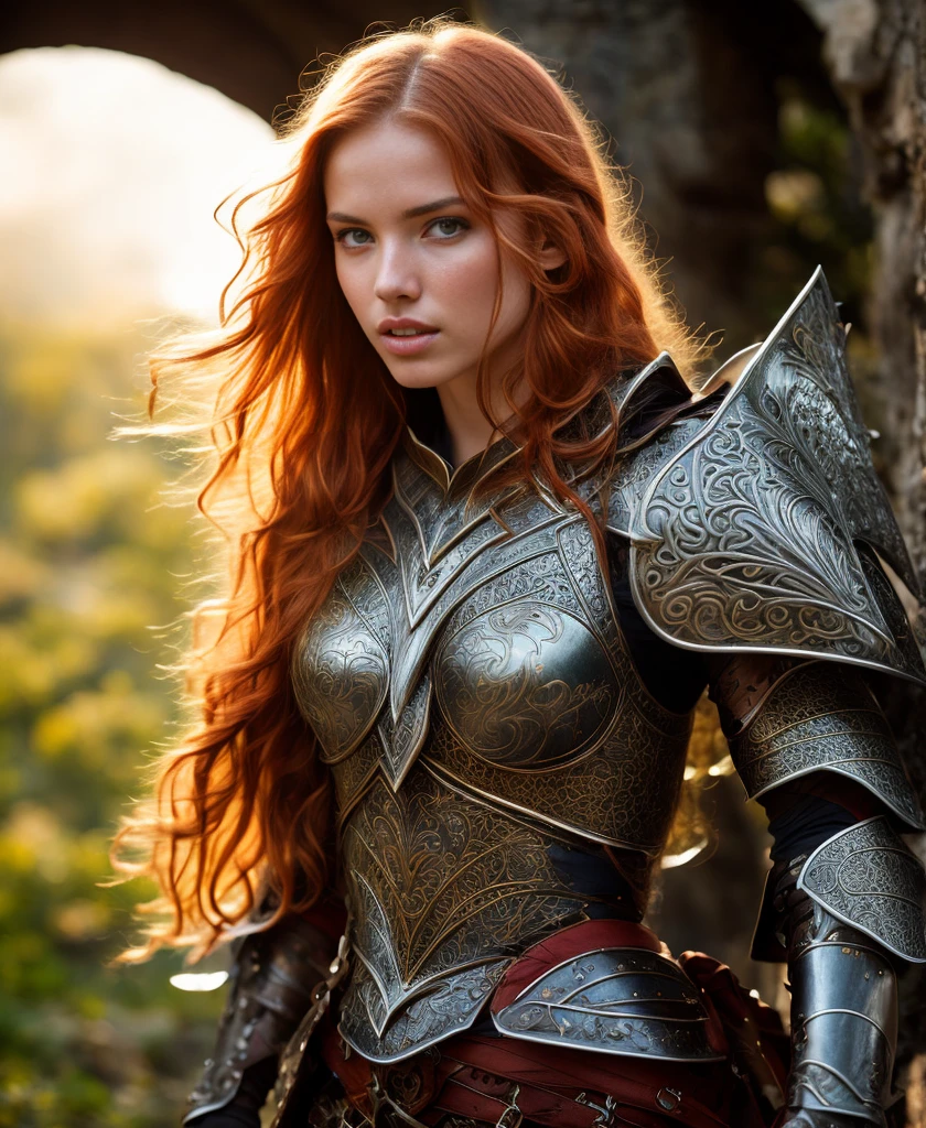 Masterpiece, a beautiful female elf knight (Nata Lee), bright eyes, red hair, broad shoulders, strong body, high detail pale skin with light freckles, high detail filigree armor,  outside, (skin texture:1.1), best quality, ultra high res, Raw photo, Nikon D850, backlight, rimlight, bright sunlight, film grain:1.2, (warm hue, warm tone:1.2), (color photo), fantasy landscape background