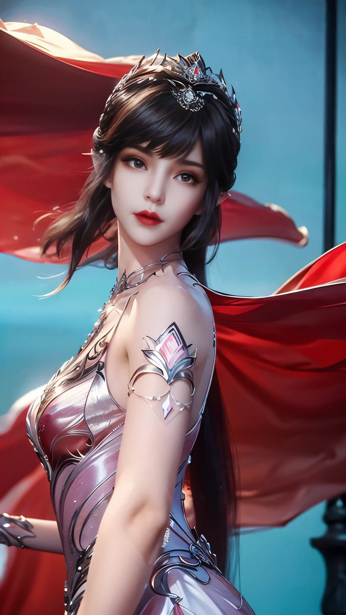 8k, masterpiece, a close up of a woman in a red dress, perfect body, bare thigh, ((very long hair)), a beautiful fantasy empress, ((red fantasy dress:1.5)), beautiful fantasy maiden, fantasy art style, trending on cgstation, beautiful and elegant elf queen, beautiful maiden, shining skin, intricate ornate anime cgi style, ((a beautiful fantasy red empress)), beautiful alluring Realistic woman, shining skin, in the park, sun shining, Realistic shadow, upper thigh image, 