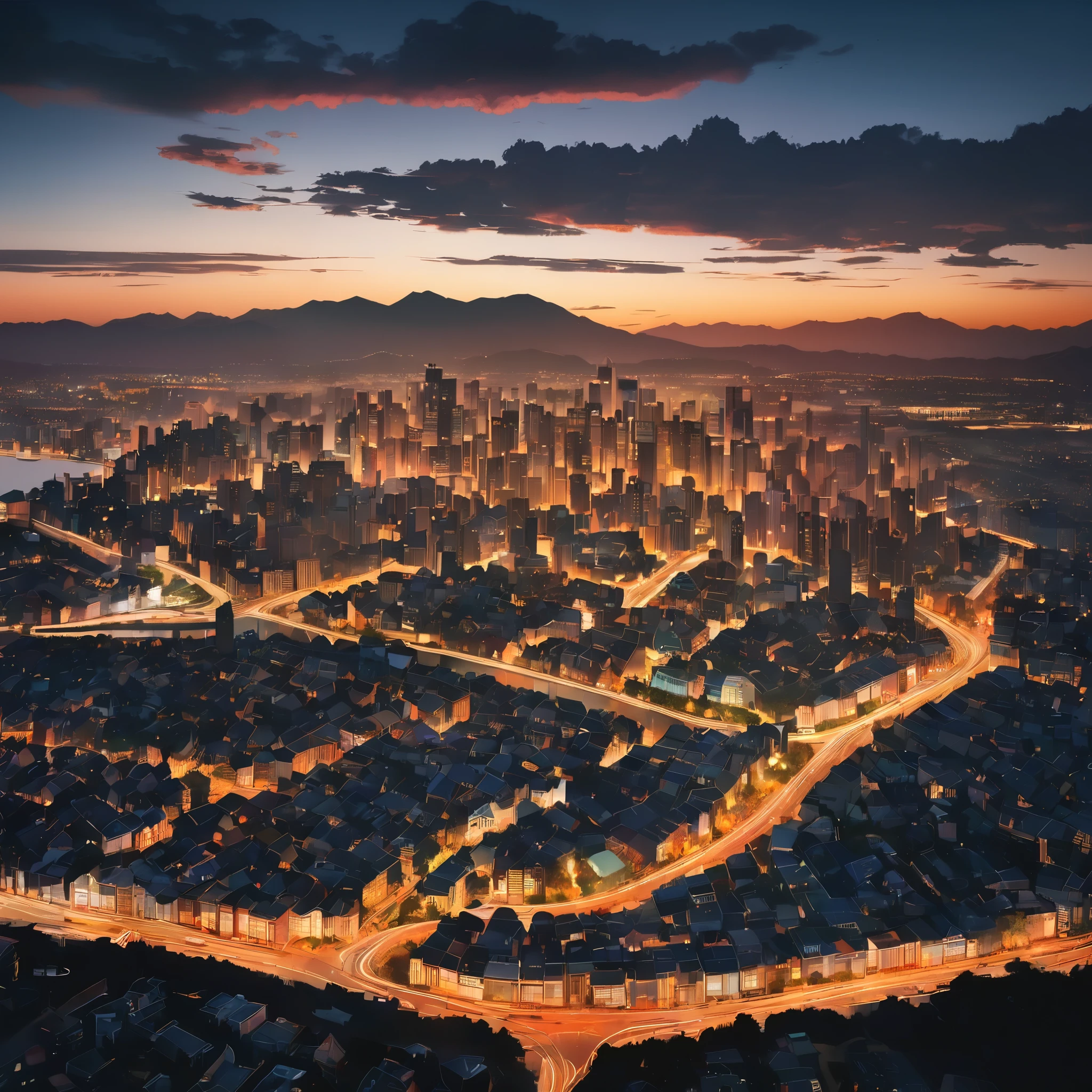 Aerial View, aesthetic, extremely detailed, color photo of Aerial View,vivid hues,sharp contrasts,majestic landscapes below,snaking rivers,patchwork fields,urban sprawl,sun glinting off skyscrapers,plush greenery,distant mountains,shifting clouds,scarce shadows,nature's tapestry from above,night descending,transition from daylight to dusk,artificial lights flickering to life,twilight's final embers,velvety darkness enveloping,skyline silhouettes,ambient city glow,subdued tones,ethereal tranquility,Canon EOS 5D Mark IV,Kodak Portra 160 film,24-70mm f/2.8L lens,long exposure,high altitude stabilization,David Lynch,Stanley Kubrick,Wes Anderson,Vivienne Westwood,Alexander McQueen,Tim Walker