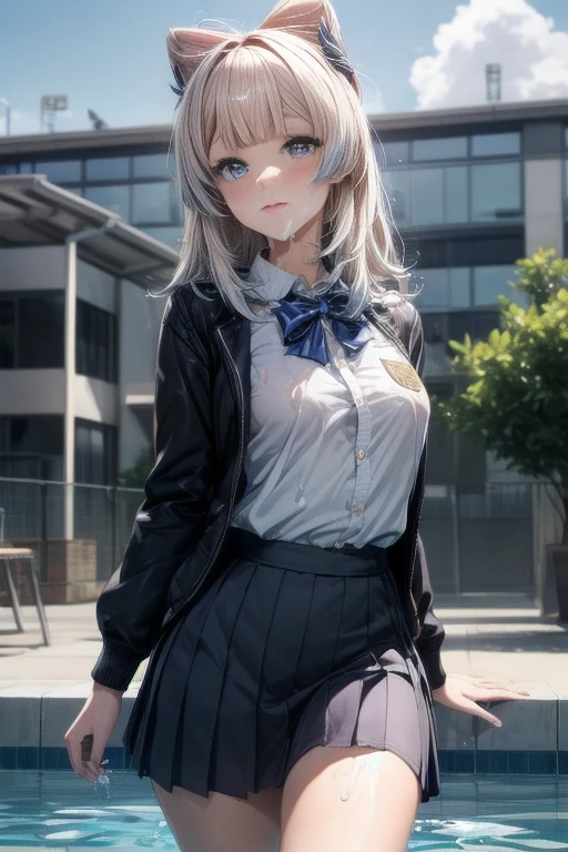 very cute and beautiful girl,tall,(highly detailed beautiful face and eyes:1.2),school uniform, loose collar, skirt, standing,stylish pose,looking at viewer,pool side,distant school building,dynamic angle,(long and beautiful legs:1.2) (best quality,masterpiece:1.2),highres,extremely detailed,solo, hair fluttering in the wind,beautiful detailed sky,(realistic),perfect hands,(many cum on body:1.2),Back to camera,Sangonomiya,sexy