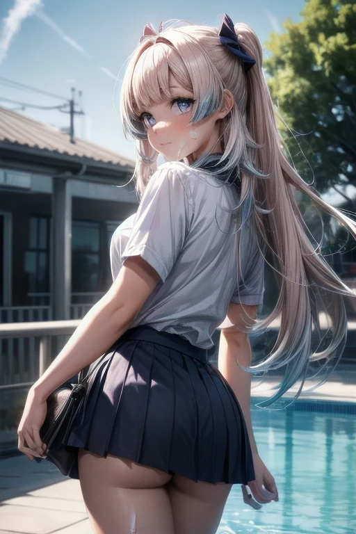 very cute and beautiful girl,tall,(highly detailed beautiful face and eyes:1.2),school uniform, loose collar, skirt, standing,stylish pose,looking at viewer,pool side,distant school building,dynamic angle,(long and beautiful legs:1.2) (best quality,masterpiece:1.2),highres,extremely detailed,solo, hair fluttering in the wind,beautiful detailed sky,(realistic),perfect hands,(many on body:1.2),Back to camera,Sangonomiya,sex