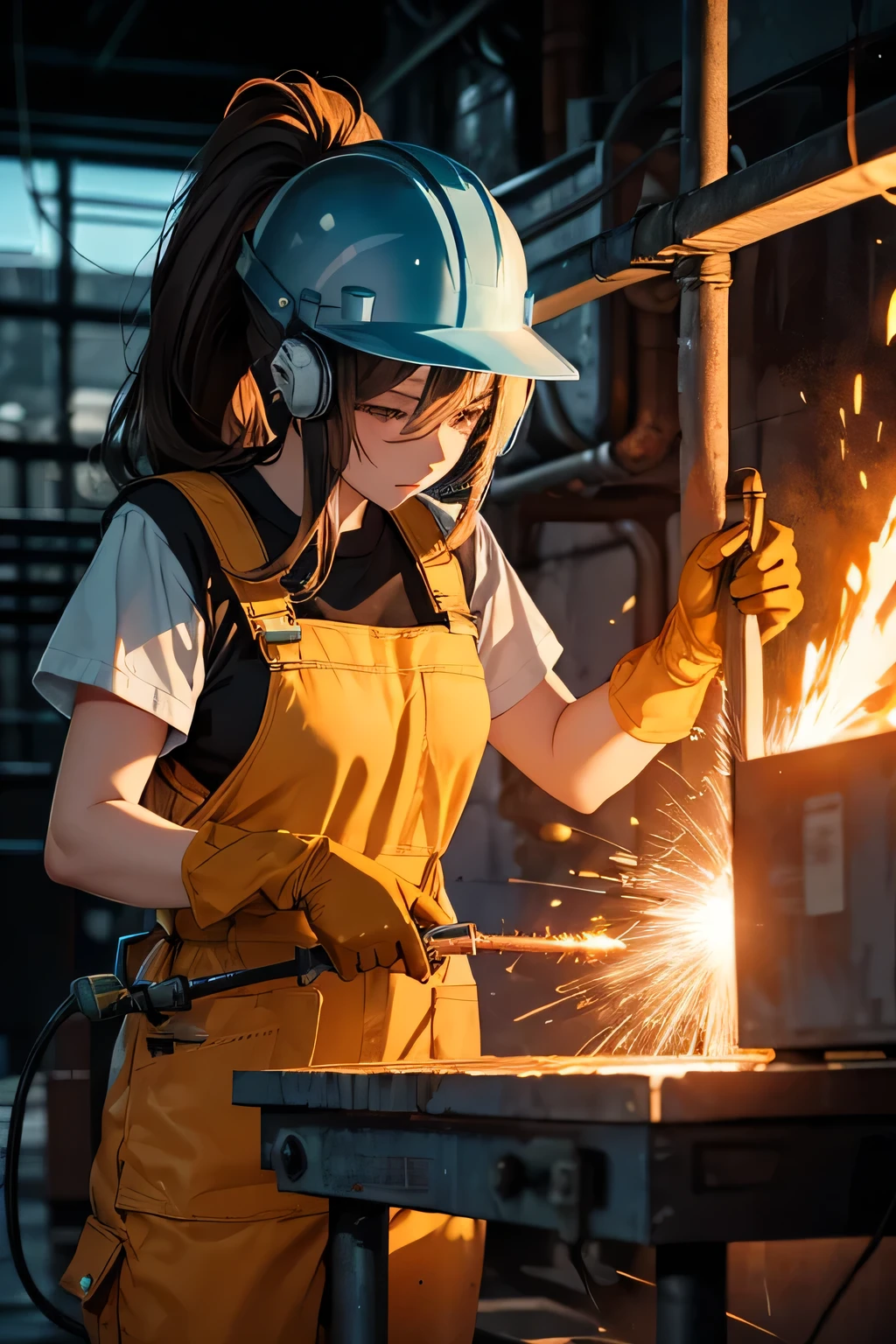 Highest image quality, sexy girl with a helmet welding, sexy pose, worksafe, verry detailed, ultra-high resolution, the best illustration, favor details, highly condensed, the girl is in a metalworking action, worker girl, face blinded by a welding hood protection, big welding hood, metalwork, the girl is welding with welding torches and a welding post ,1girl with long rainbowcolors brown hairs with ponytail , multicolors hairs, the girl is wearing a welding hood, the girl is dressed in a blue worker combine uniform, the girl is wearing big orange welding gloves, the background is a industry factory, many graffitis fluorescent on the walls , full view of woman, vue plan large,  HD, high quality, lighting quality, , upscale HD image, very detailed, full details, many blue light effects 