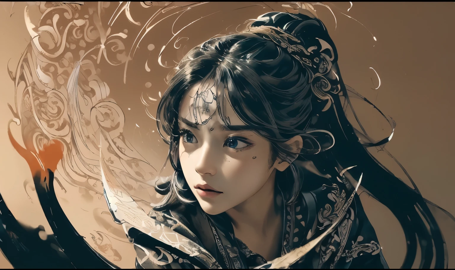 (dramatic, Perseverance, intense:1.4),masterpiece, best quality, 8k, Crazy details, Intricate details, Ultra Detailed, Ultra-high quality, High Detail, Super detailed, masterpiece,
(calligraphy:1.4)(Ether color ink flow:1.3),1 Girl,  Tension-filled shooting
