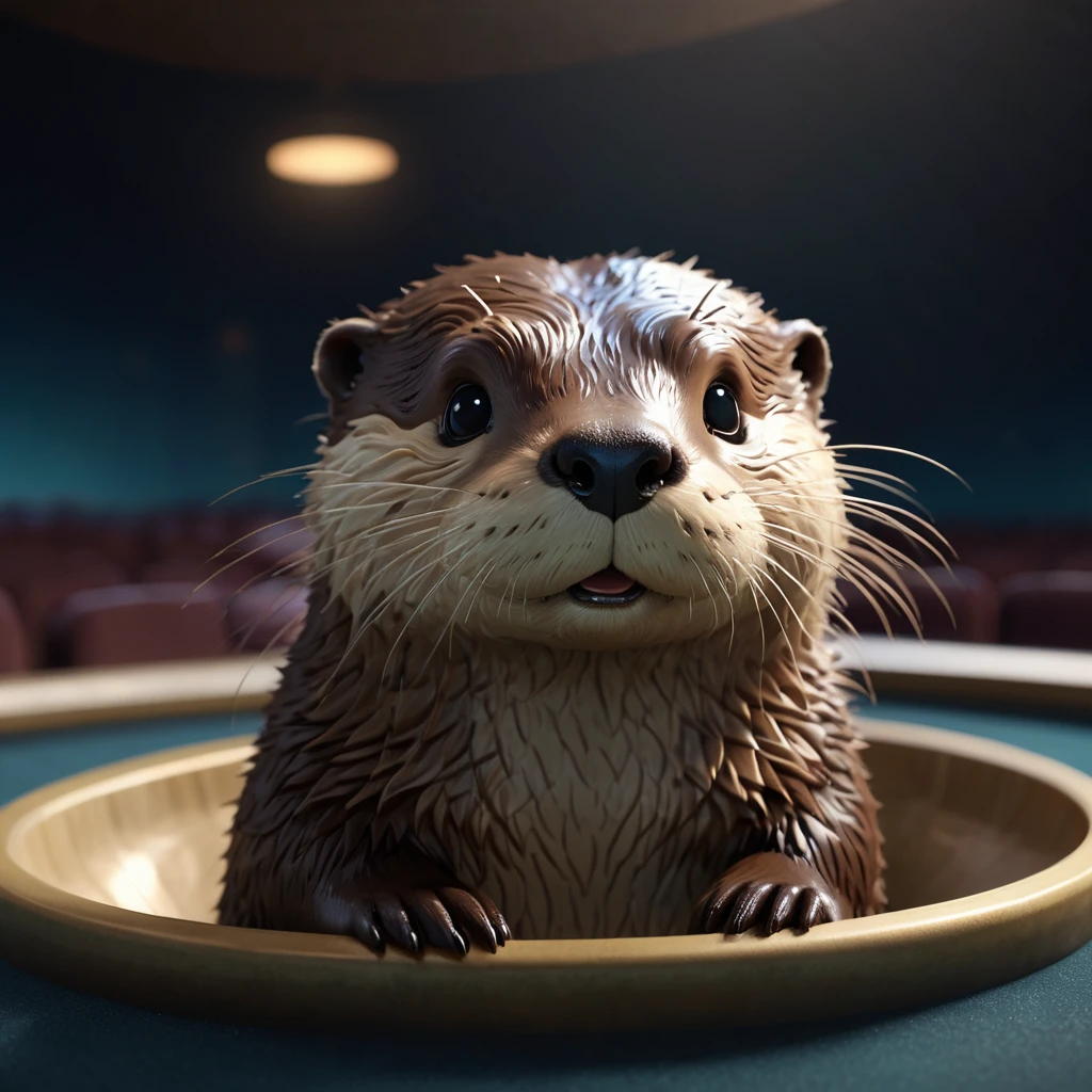 ((2D)), Cinematic shots, movie theatre, Reference Photo, 最high quality, high quality, (Detailed face and eyes:1.1), , ((Otter:1.2)), (3DCG),(Otterとタヌキが隣合って座りmovie theatre内でポップコーンを食べている:1.4)、 Scattered beneath the surface, (A detailed body), ((cute:1.)), (Detailed fur:1.1), Photorealism, Volumetric lighting,Watch a film screening
