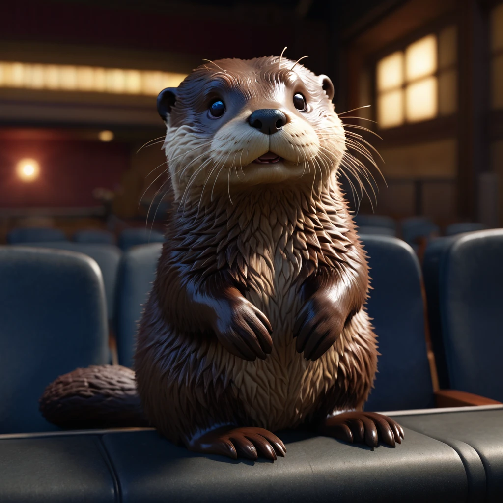 ((2D)), Cinematic shots, movie theatre, Reference Photo, 最high quality, high quality, (Detailed face and eyes:1.1), , ((Otter:1.2)), (3DCG),(Otterとタヌキが隣合って座りmovie theatre内でポップコーンを食べている:1.4)、 Scattered beneath the surface,  (A detailed body), ((cute:1.)), (Detailed fur:1.1),  Photorealism, Volumetric lighting,Watch a film screening