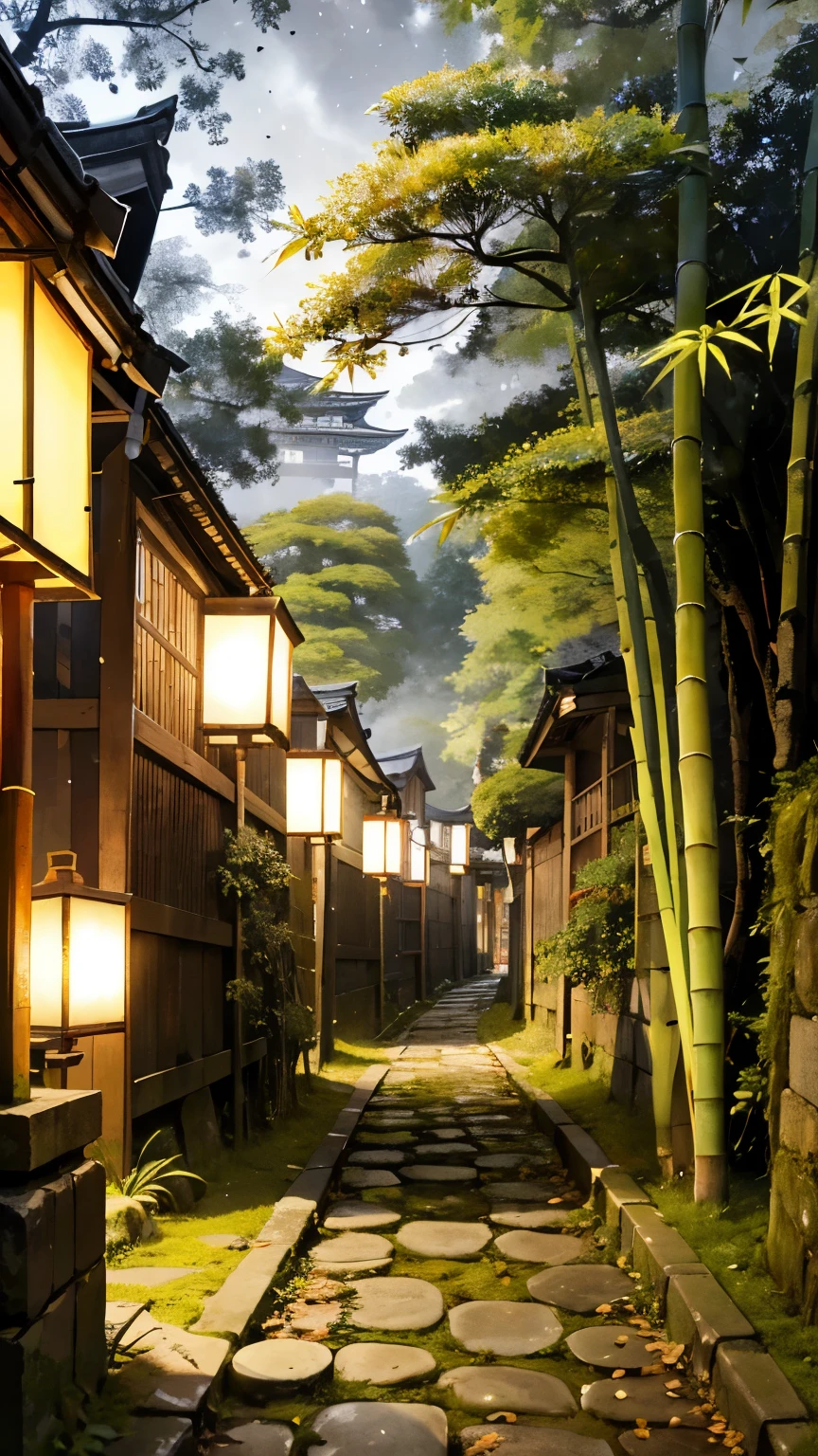 Mossy cobblestone road in Kyoto, Absurd，High resolution，Super detailed，night，bamboo forest，Fallen leaves，Tsing Yi，Stone lantern