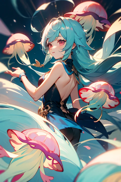 Young girl, long hair jellyfish style, pink eyes, genshin impact style, aqua vision, country Liyue