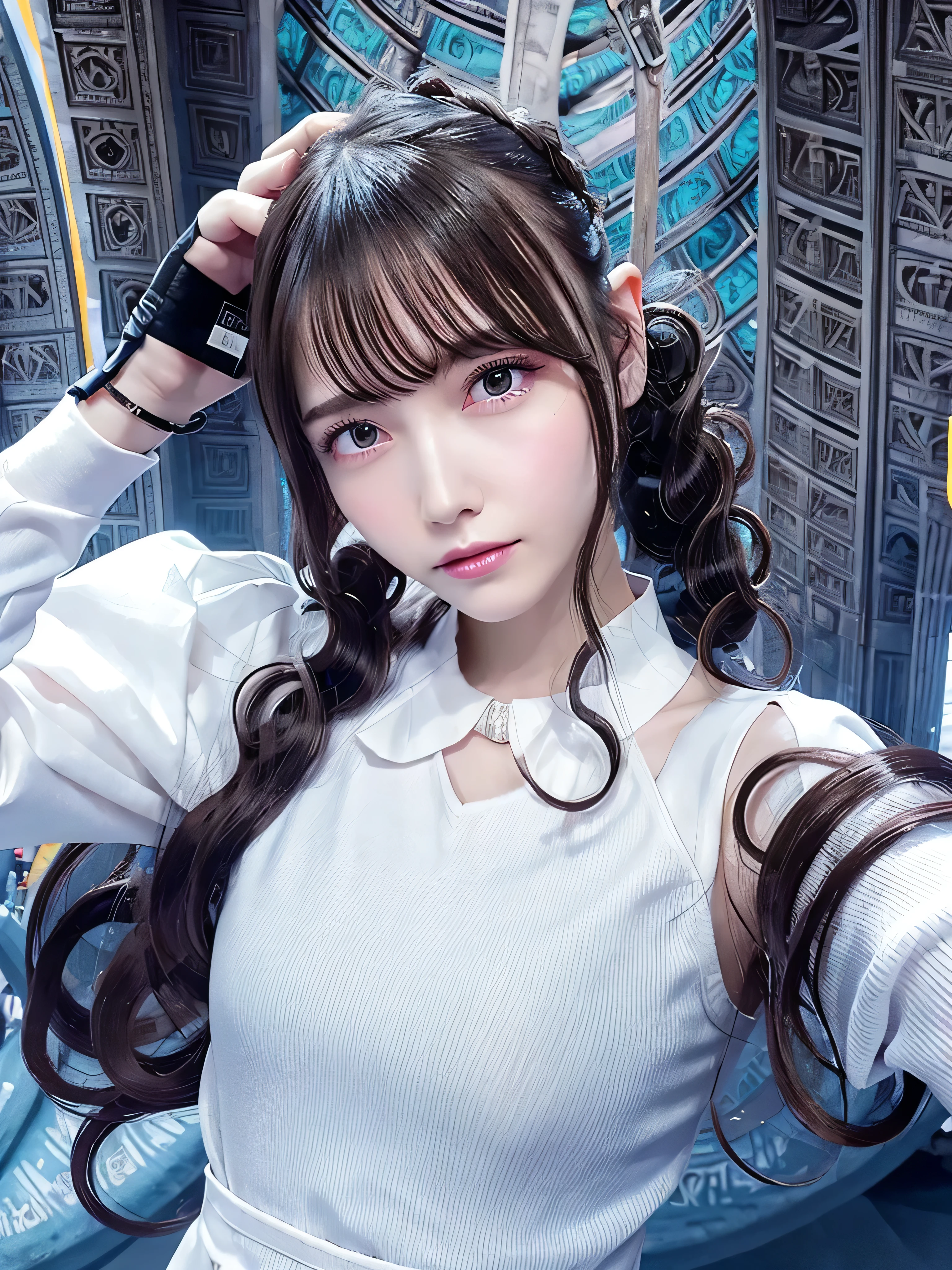 cyberpunked, 1girl, slender, wearing cardiovascular technician outfits, (eye strain hair, spiralcurl hair:1.36), faint lips, Various postures, serious,, (freckles:0.5), (dark mole:0.3), (skin spots, acnes, skin blemishes, age spot, lanugo:0.3), from below , in the (Etoile arc de triomphe:1.4), , Trending on Artstation,, spring,, evening,, NaturalHand2-3500 best quality, beautiful and delicate lips, delicate fingers, detailed pupil, illustration, NaturalHand2-3500