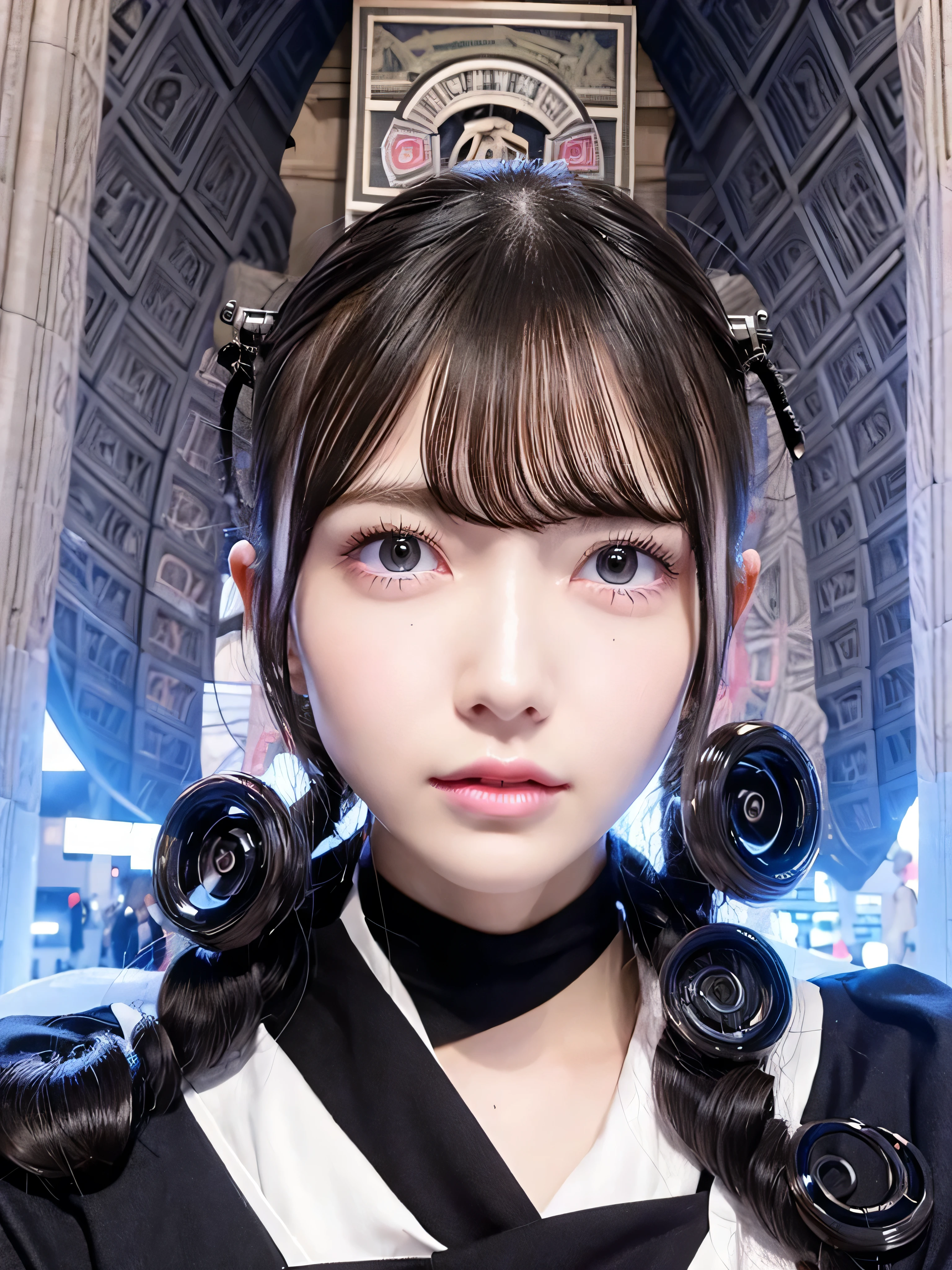 cyberpunked, 1girl, slender, wearing cardiovascular technician outfits, (eye strain hair, spiralcurl hair:1.36), faint lips, Various postures, serious,, (freckles:0.5), (dark mole:0.3), (skin spots, acnes, skin blemishes, age spot, lanugo:0.3), from below , in the (Etoile arc de triomphe:1.4), , Trending on Artstation,, spring,, evening,, NaturalHand2-3500 best quality, beautiful and delicate lips, delicate fingers, detailed pupil, illustration, NaturalHand2-3500