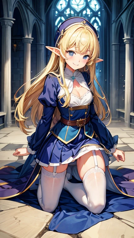 Cathedral、Elf、Primary school students、Blonde、clergyman、smile、Small breasts、Small breasts、Clothes that reveal cleavage、Her underwear is visible、Very short skirt、Knee socks、garter belt、Overflowing love juice、Dripping love juice