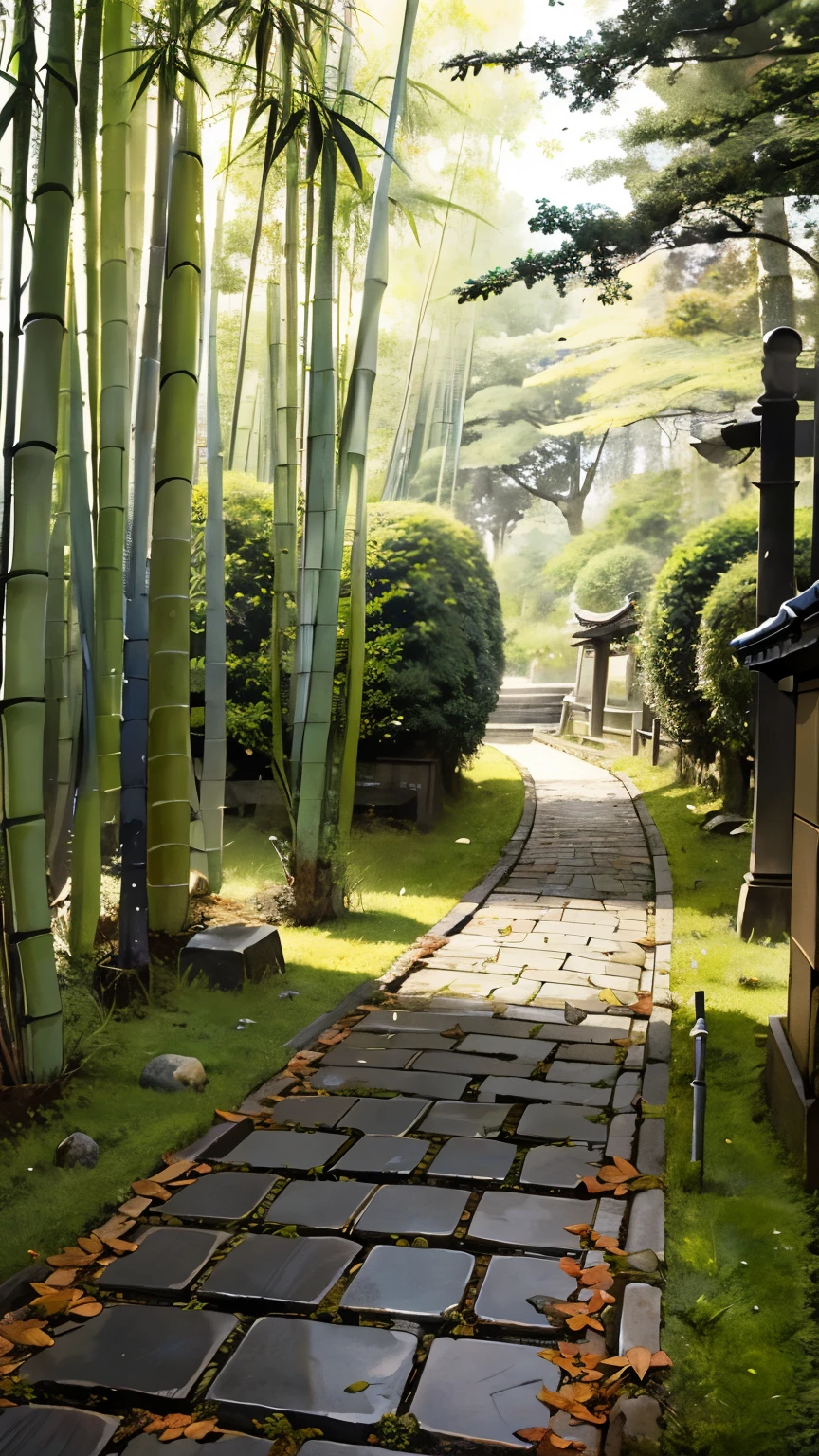 Mossy cobblestone road in Kyoto, Absurd，High resolution，Super detailed，night，bamboo forest，Fallen leaves，Tsing Yi，Stone lantern
