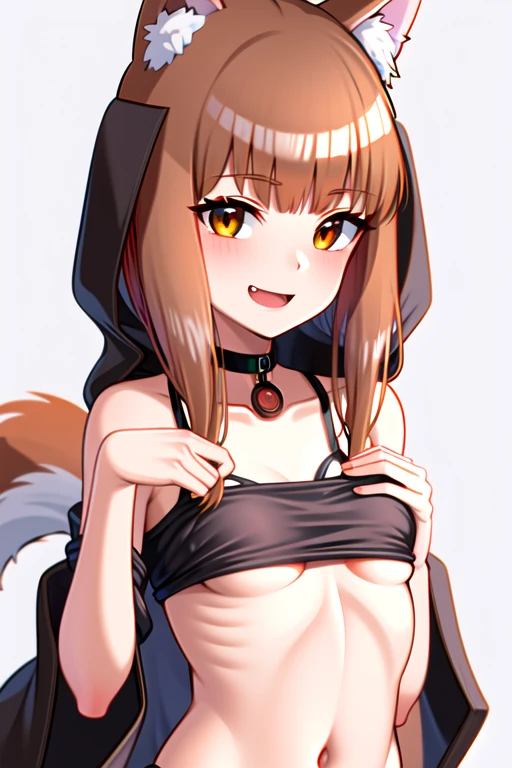 (holo:1.5), (holoCoat:1.5), SFW, 1girl, looking at viewer, standing, upper body, leaning forward, outdoors, forest, snow, (( under boob )), small chested ,(( small thin green cotton underwear)),  open mouth, fang, smile, invisible tank top, top less,  ( ear ring, tight choker, short tail, nervous, smile, shaking motion lines), (wincing), nipple outlines,  small clothes,