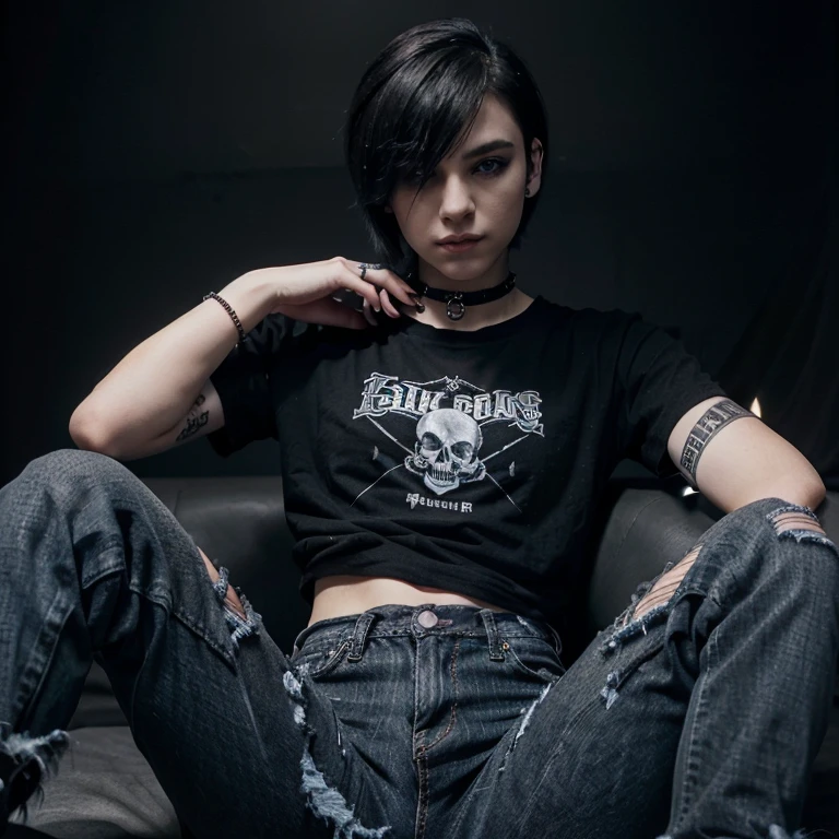 (I’m a boy and I have pale skin and i have short black hair and i have bangs that cover one of my eyes and i have dark blue eyes pale skin and im wearing a black T-shirt and there is a skull decal on my shirt i have black ripped jeans And I have have fishnets underneath my jeans and i have a black choker around my neck and i have black spike bracelets and i have black eyeliner and im a trans boy 