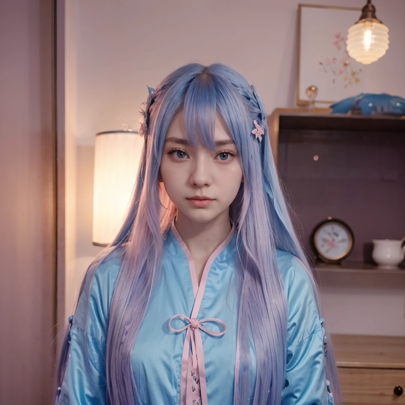 Light blue jellyfish style long hair, young woman, pink eyes, genshin impact style, Liyue nation