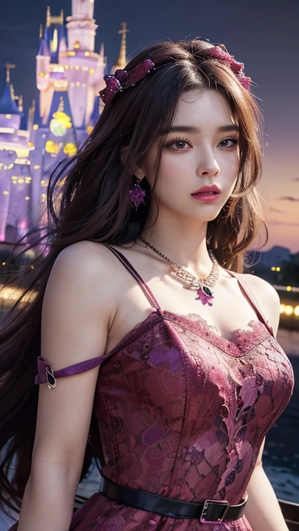 8K, ultra HD, masterpiece, realistic, 1 girl, good face, smoggy makeup, very long hair, princess hairstyle, detailed eyes, detailed lips, medium figure, very detailed dress, (MAGENTA dress:1.5), (strap:1.5), (lace:1.5), (net stocking:1), (jewelry:1.8), (disney castle), night sky, water, bloom lighting, night lighting, darkness, attractive poses,