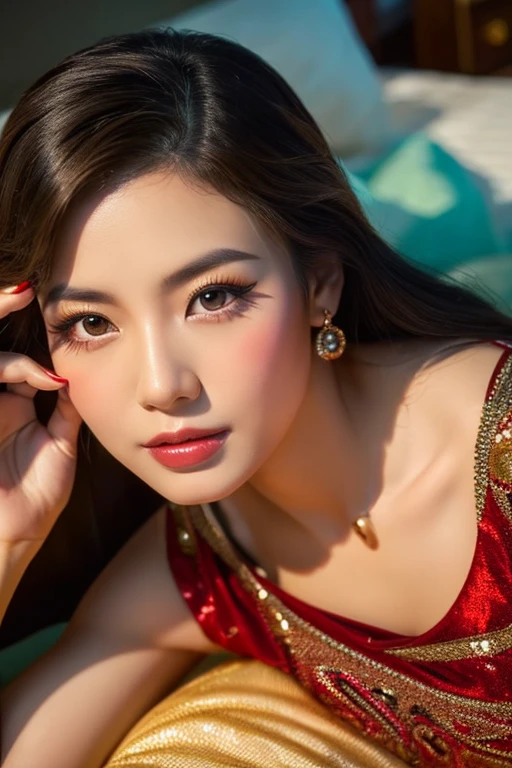Asian woman in her early 50s lying on the bed wearing a red and gold Chinese dress, goddess of Japan, Very beautiful face,face perfect,(A detailed eye,real looking skin,Detailed skin,lipgloss),ighly detailed, gorgeous chinese model, ig model | ArtGerm, Seductive Girl, ross tran 8 k, Trending on CGSTATION, beautiful alluring female, like artgerm, by Oliver Sin, :: rossdraws, wojtek fus