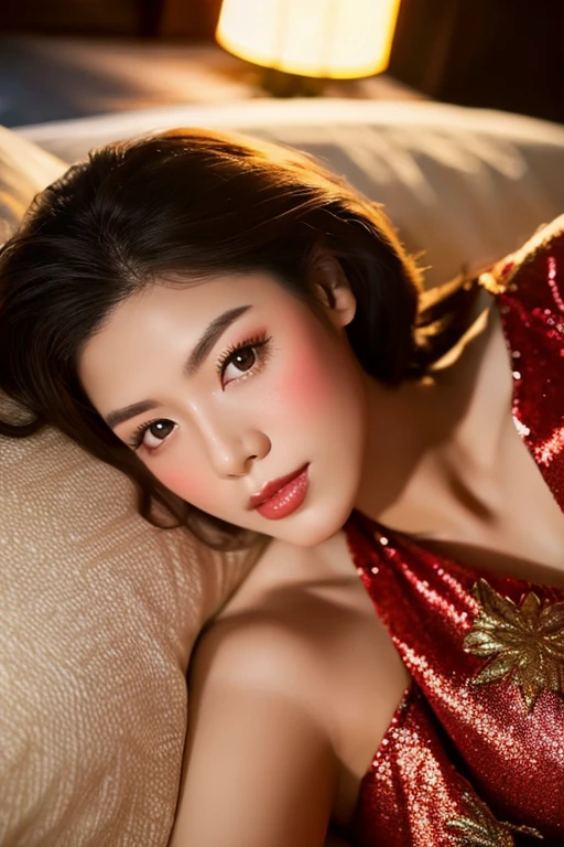 Asian woman in her early 50s lying on the bed wearing a red and gold Chinese dress, goddess of Japan, Very beautiful face,face perfect,(A detailed eye,real looking skin,Detailed skin,lipgloss),ighly detailed, gorgeous chinese model, ig model | ArtGerm, Seductive Girl, ross tran 8 k, Trending on CGSTATION, beautiful alluring female, like artgerm, by Oliver Sin, :: rossdraws, wojtek fus