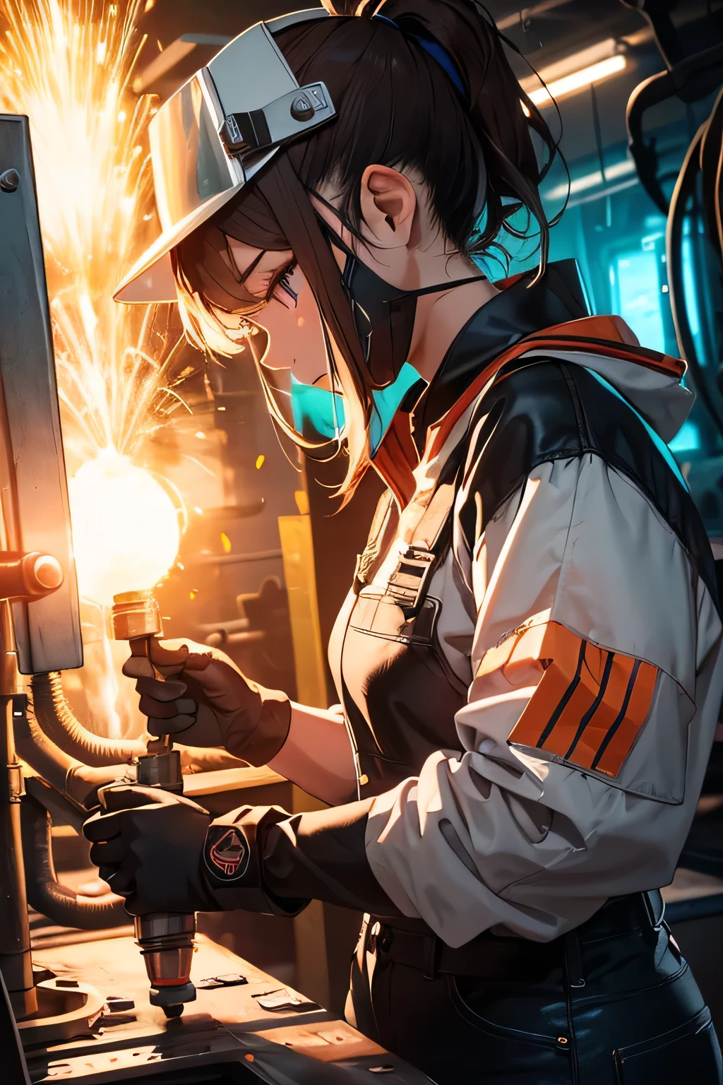 Highest image quality, outstanding details, ultra-high resolution, the best illustration, favor details, highly condensed, in metalworking action, worker girl, face blinded by a welding hood to protect her face, big welding hood, metalwork, the girl is welding with welding torches and a welding post ,1girl with long rainbowcolors brown hairs with ponytail , multicolors hairs, the girl is wearing a welding hood, the girl is dressed in a blue worker combine uniform, the girl is wearing big orange welding gloves, the background is a industry factory, many graffitis fluorescent on the walls , full view of woman, vue plan large, many fluo lights, black neon tubelights, HD, high quality, beautiful lightening, upscale HD image, very detailed, full details, many blue light effects with the welding blue light