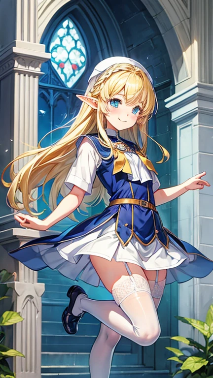 Cathedral、Elf、Primary school students、Blonde、clergyman、smile、Small breasts、Small breasts、Clothes that show through underwear、Very short skirt、Knee socks、garter belt、Overflowing love juice、Dripping love juice