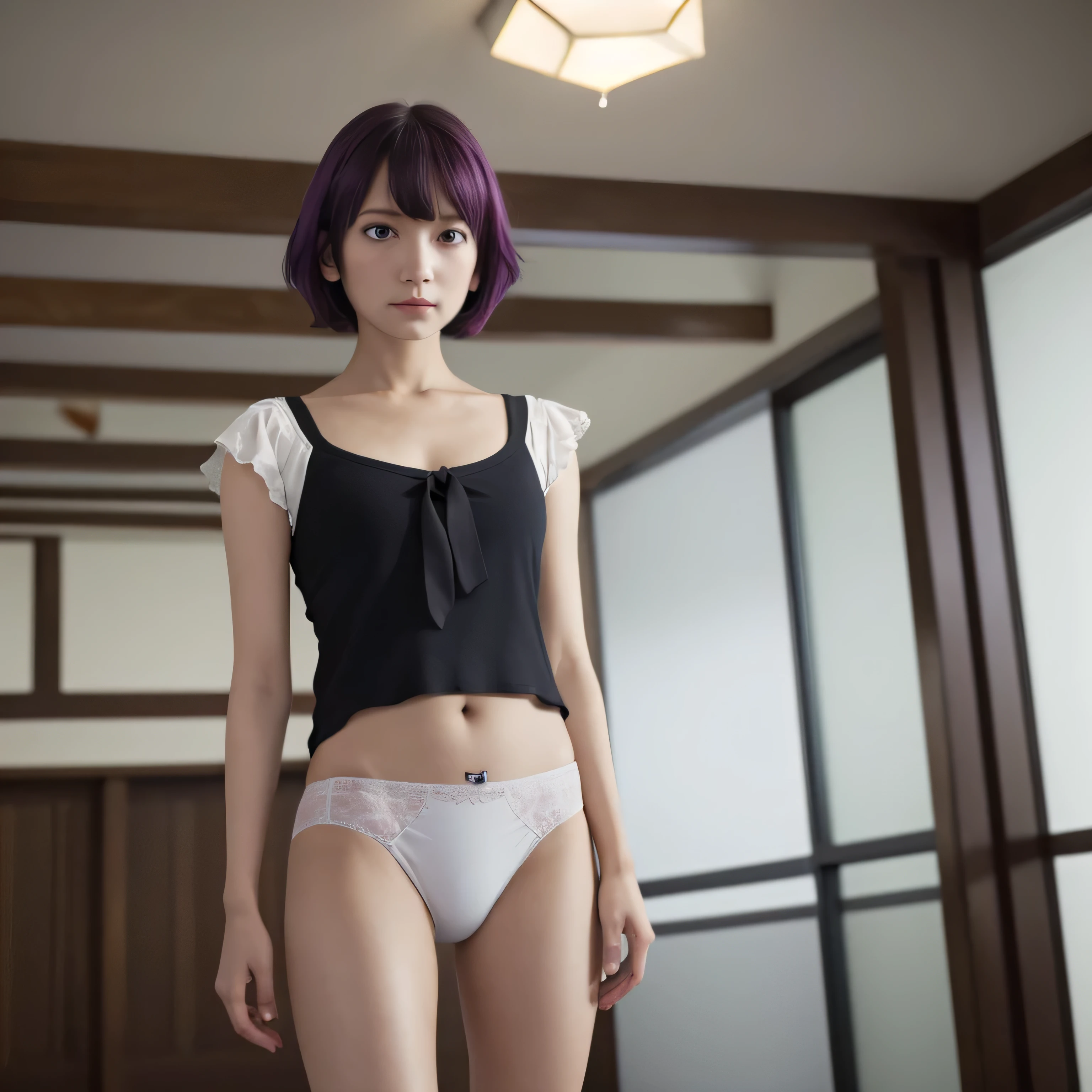 masterpiece, highest quality, High Resolution, S1, Senjagahara Hitagi, short hair, No sleeve, tie, white panties, Black thighs, Pink Shirt, indoor,standing,