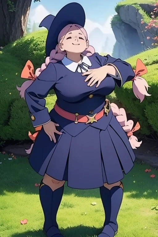 (masterpiece, top quality, best quality, beautiful and aesthetic:1.2), jasminka antonenko, 1girl, solo, plump, closed eyes, long hair, pink hair, braid, twin braids, hair bow, smile, bow, breasts, large breasts, witch hat, witch, luna nova , skirt, long skirt, long sleeves, belt, boots, full body, white panties, close up view from behind, bent down