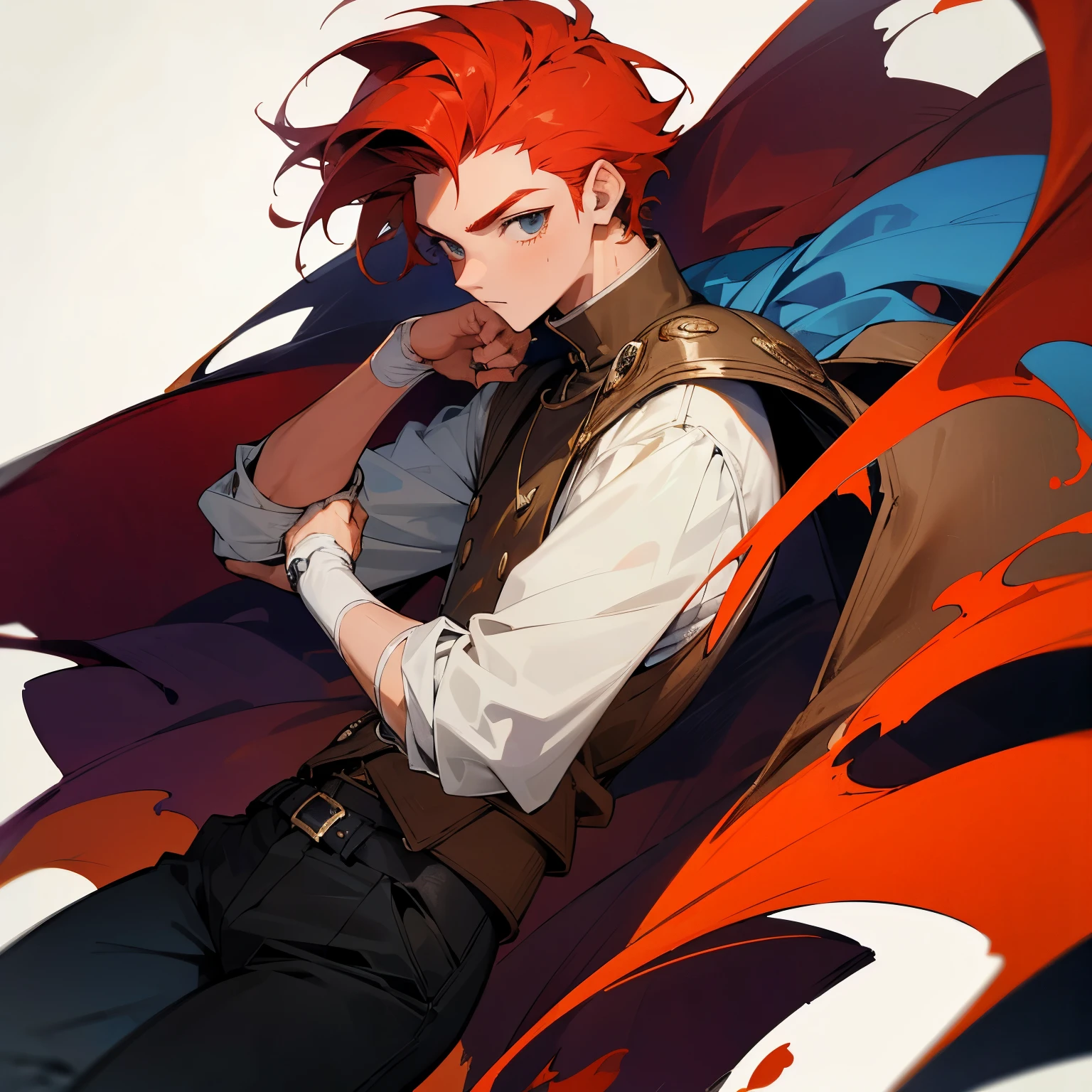 Um jovem homem 18 anos roupas social aquismista e fora jaqueta,with red forehead band and wooden prosthesis on the right arm and lots of details in mediaval