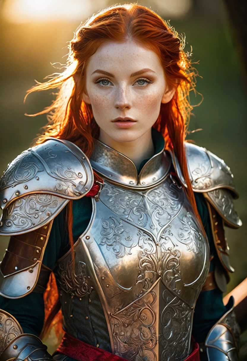 Masterpiece, a beautiful female elf knight (Nata Lee), bright eyes, red hair, broad shoulders, strong body, high detail pale skin with light freckles, high detail filigree armor,  outside, (skin texture:1.1), best quality, ultra high res, Raw photo, Nikon D850, backlight, rimlight, bright sunlight, film grain:1.2, (warm hue, warm tone:1.2), (color photo), fantasy landscape background