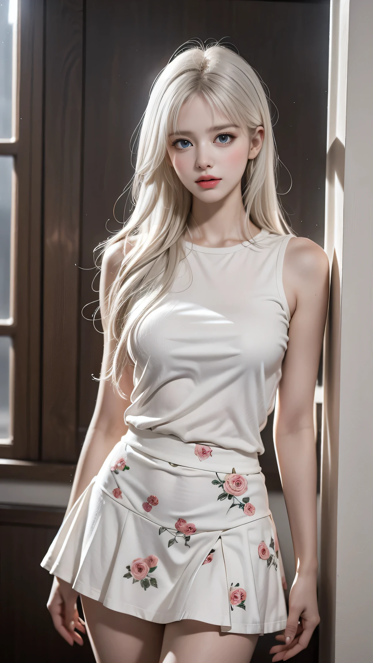 Best quality work,Actual work,Ultra Premium Graphics,8K HD CG Works,High quality graphics,High-definition CG works,10x pixels,Extremely fine detail:1.1,Advanced Technical Details:1.1 Photorealistic,Indoor lighting effects:1.5,Natural light:1.5. Light effects(virtual Light effects:1.8),(short golden-white hair)、(Bob Hair),Clear Eyes,Beautiful double eyelids,Sharp eye makeup, Delicate eyelash makeup, Thin eyebrows, Highly detailed eyes,High nose, Nice red lips, Rose Cheeks, A face with subtle makeup , Cute face, perfectly balanced face,(Advanced Face Detail:1.1),((Girl Standing On Office Floor))、Best quality work,Actual work,Ultra Premium Graphics,8K HD CG Works,High quality graphics,High-definition CG works,10x pixels,Extremely fine detail:1.1,Advanced Technical Details:1.1 Photorealistic,Indoor lighting effects:1.5,Natural light:1.5. Light effects(virtual Light effects:1.8)、 Thin eyebrows,High nose, Nice red lips, Rose Cheeks, A face with subtle makeup , Cute face, perfectly balanced face,(girl in school uniform),A light-toned foundation enhances the clarity of your skin.、)、(Off-the-shoulder white floral print one-piece miniskirt) 40k, photograph, White skin, highest quality, Tabletop, Ultra-high resolution, (Realistic:1.4), RAWphotograph, (Perfect figure), (slim:1.3), Slim abdomen, Perfect slim figure, Dynamic Pose, alone, Cold light 12000K, Highly detailed facial and skin texture, Fine grain, Realistic eyes, Beautiful fine grain, (Realistic Skin), Charm, 超A high resolution, Surreal,(Tuck up the hem of your skirt)(Lift-up skirt)(White panties are visible)、