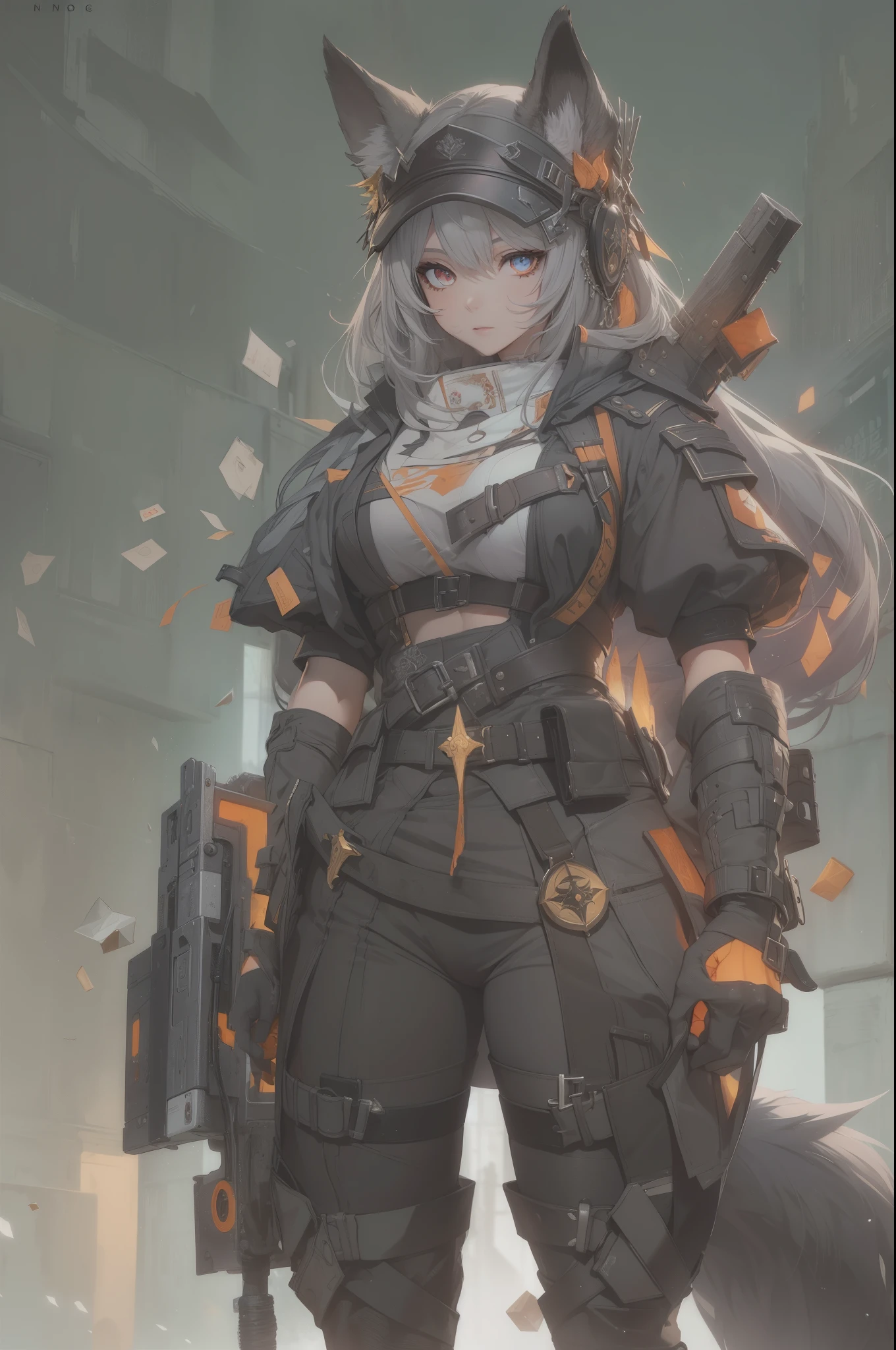 Wolf & Spices, (Masterpiece, Top Quality, Best Quality, Beauty and Aesthetics: 1.2), (1 Girl: 1.1), Glowing Eyes, Extreme Details, (Color: 1.1), (Color Background 1:1), (#ff311f: 1.5), (#f08432: 1.2), Supreme Detail, Weapon, Grip Weapon, (Glow Weapon), Detailed Background, Fire: 1.2, Flowers: 1.2, Masterpiece, 8K